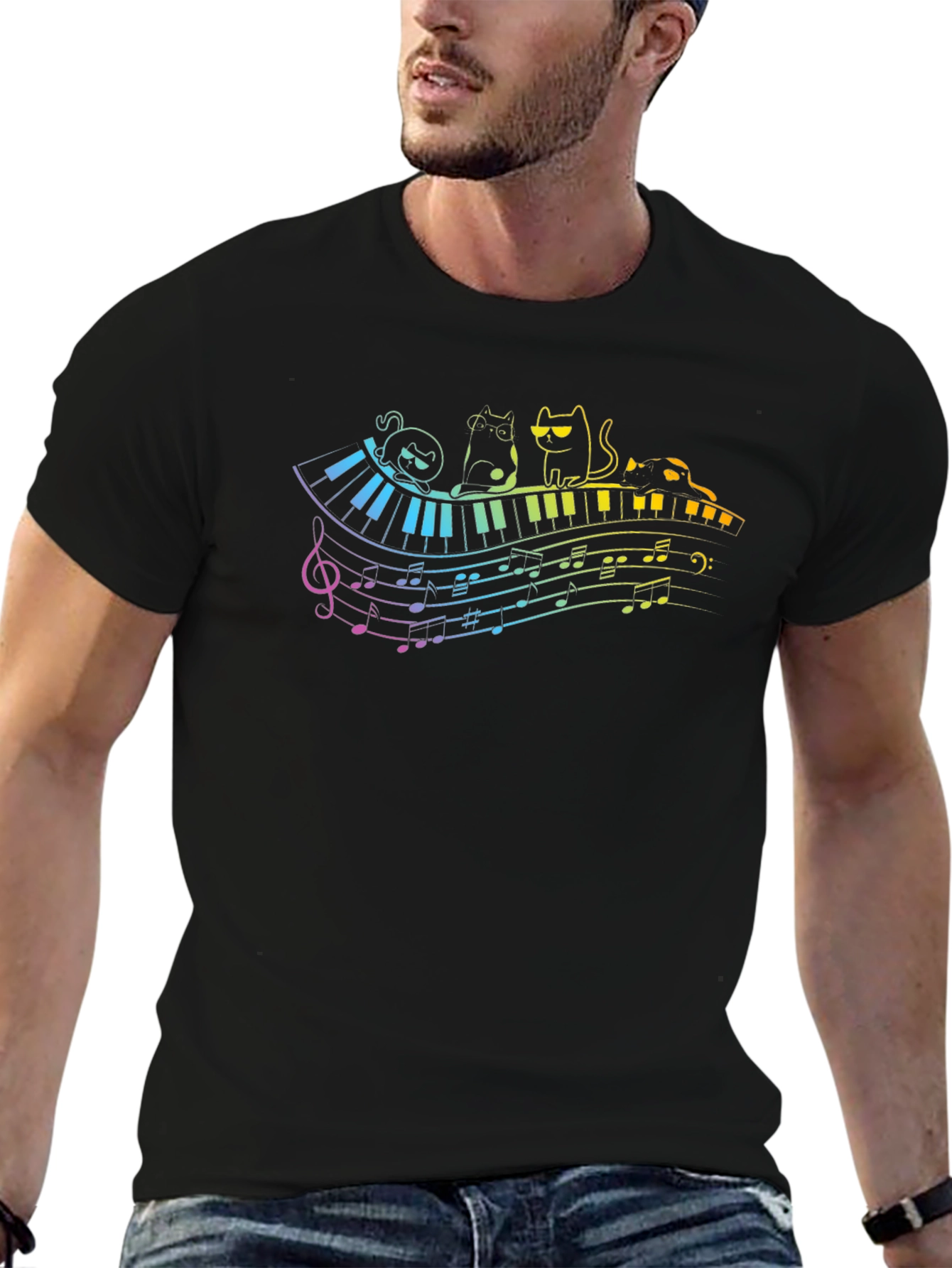 Cat Piano Music Rainbow T-Shirt