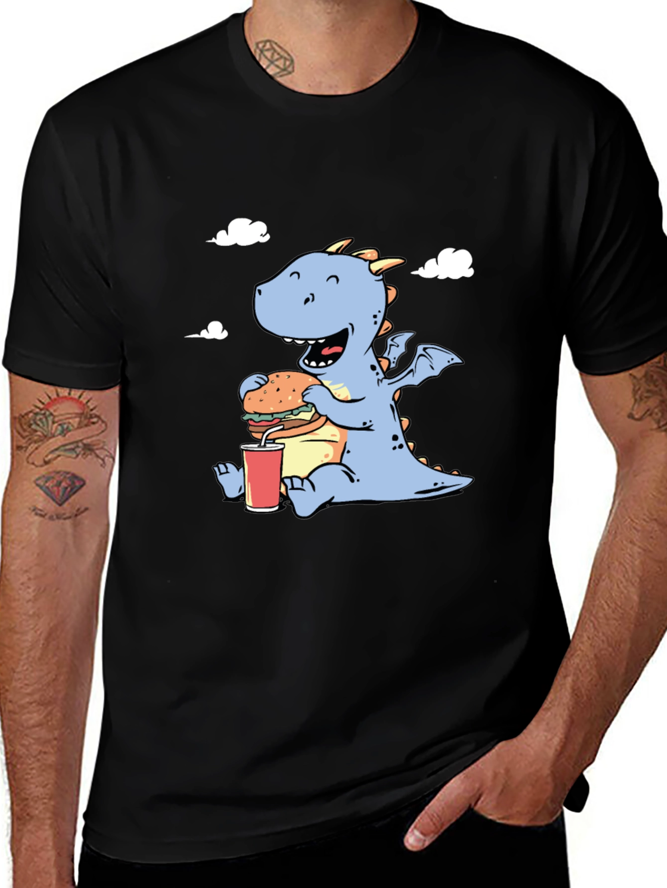 Funny Dragon Eating Burger Graphic T-Shirt