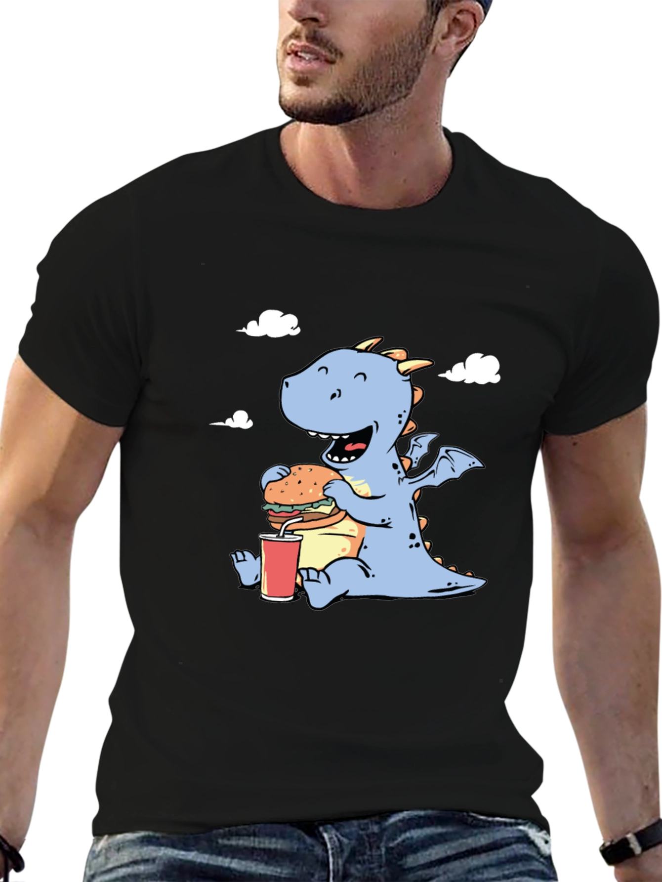 Funny Dragon Eating Burger Graphic T-Shirt