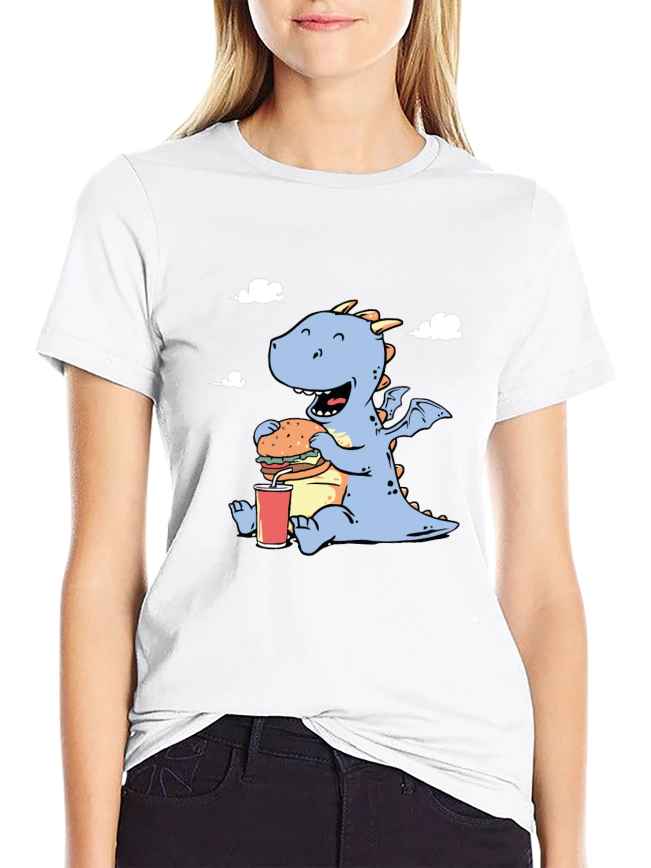 Funny Dragon Eating Burger Graphic T-Shirt