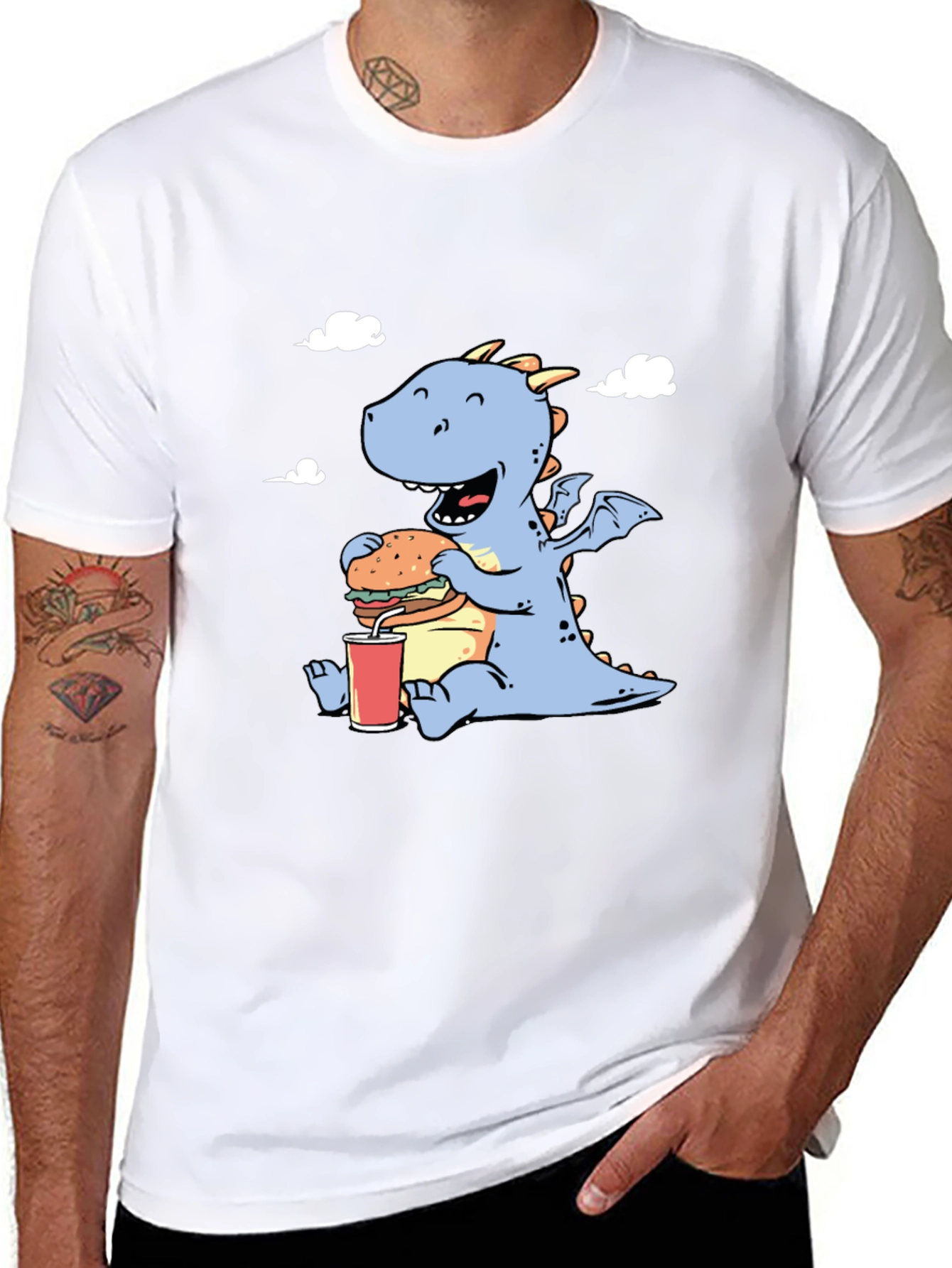 Funny Dragon Eating Burger Graphic T-Shirt
