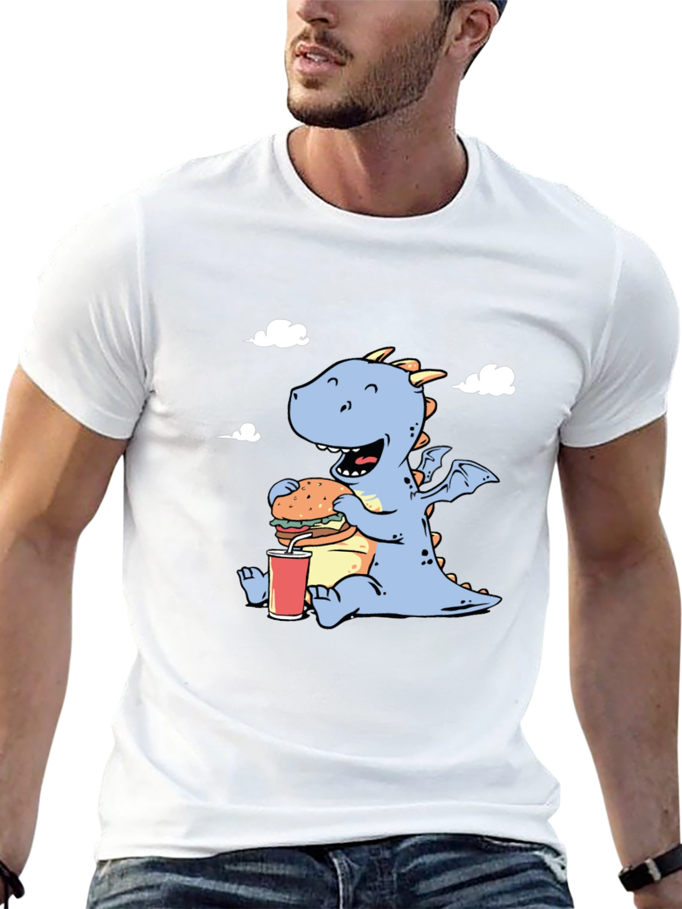 Funny Dragon Eating Burger Graphic T-Shirt