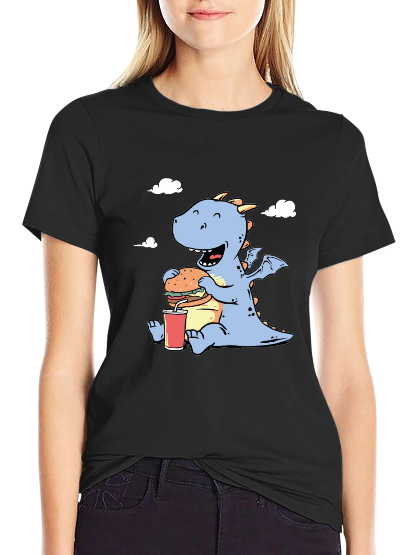 Funny Dragon Eating Burger Graphic T-Shirt