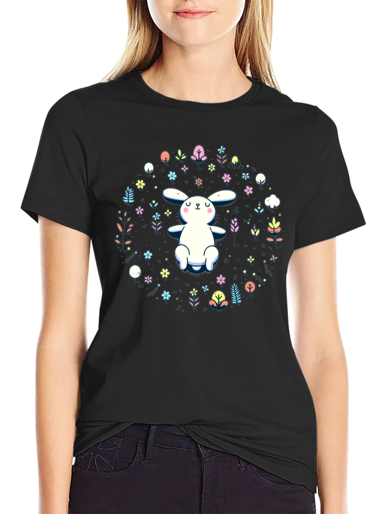 Cute Bunny & Floral Print Black T-Shirt