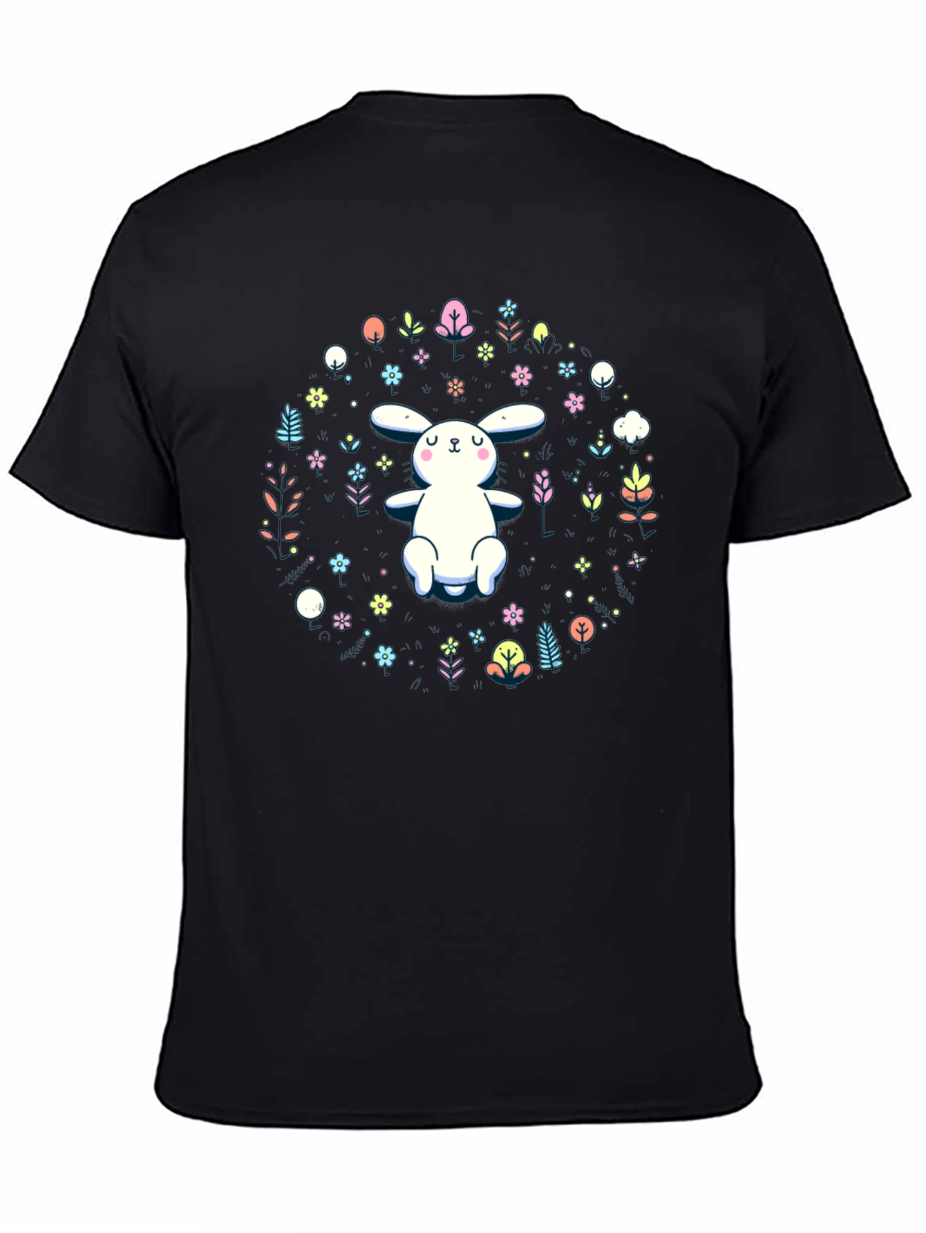 Cute Bunny & Floral Print Black T-Shirt