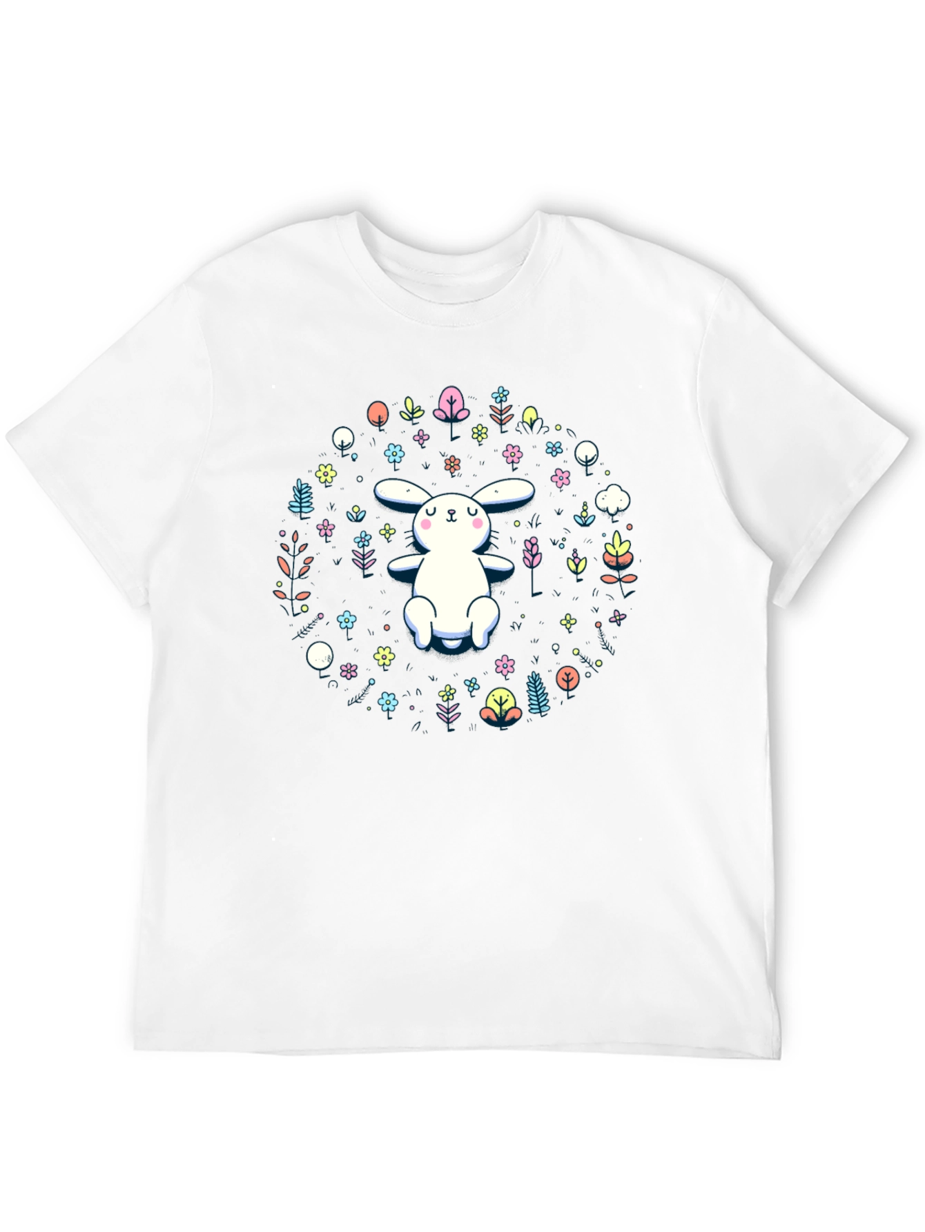 Cute Bunny & Floral Print Black T-Shirt