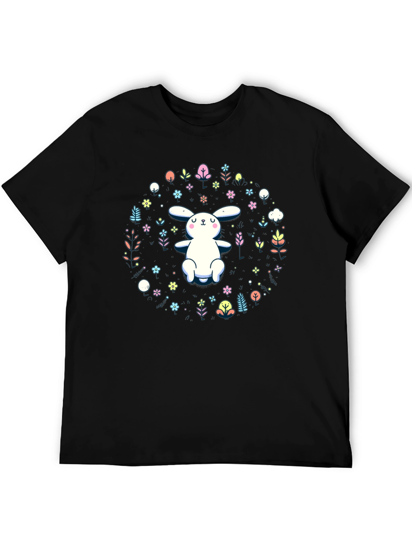 Cute Bunny & Floral Print Black T-Shirt