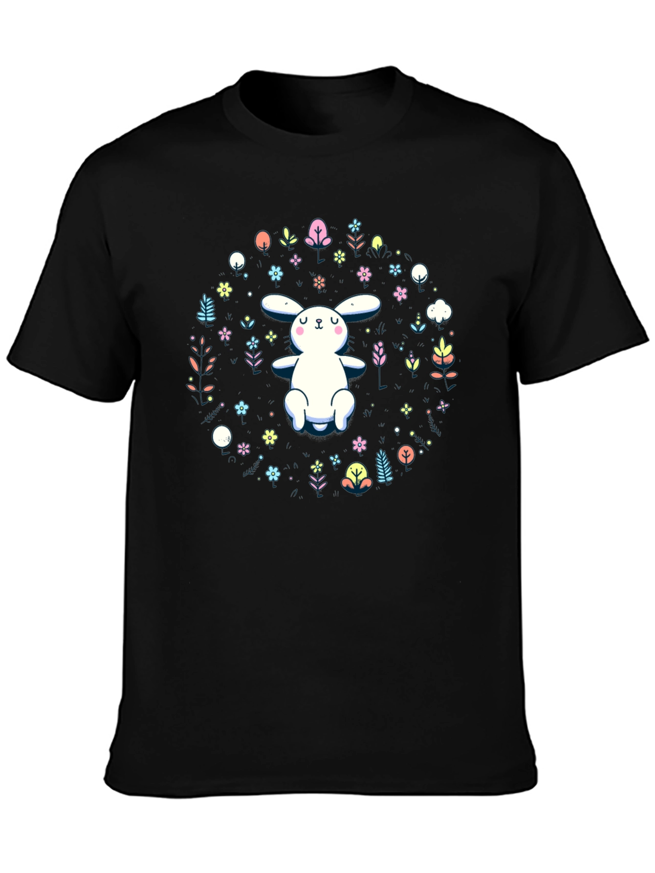 Cute Bunny & Floral Print Black T-Shirt
