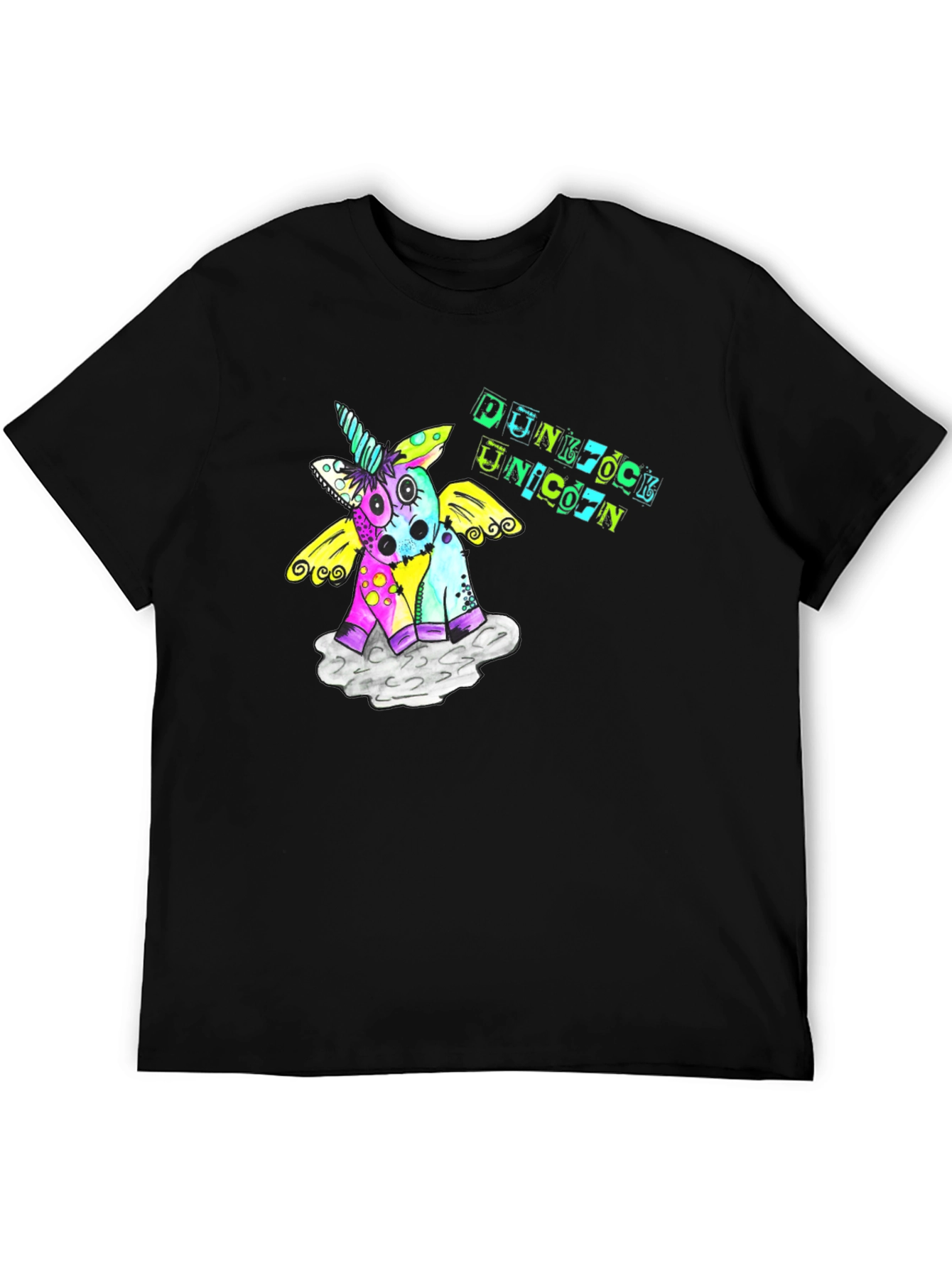Punk Rock Unicorn Graphic Black T-Shirt