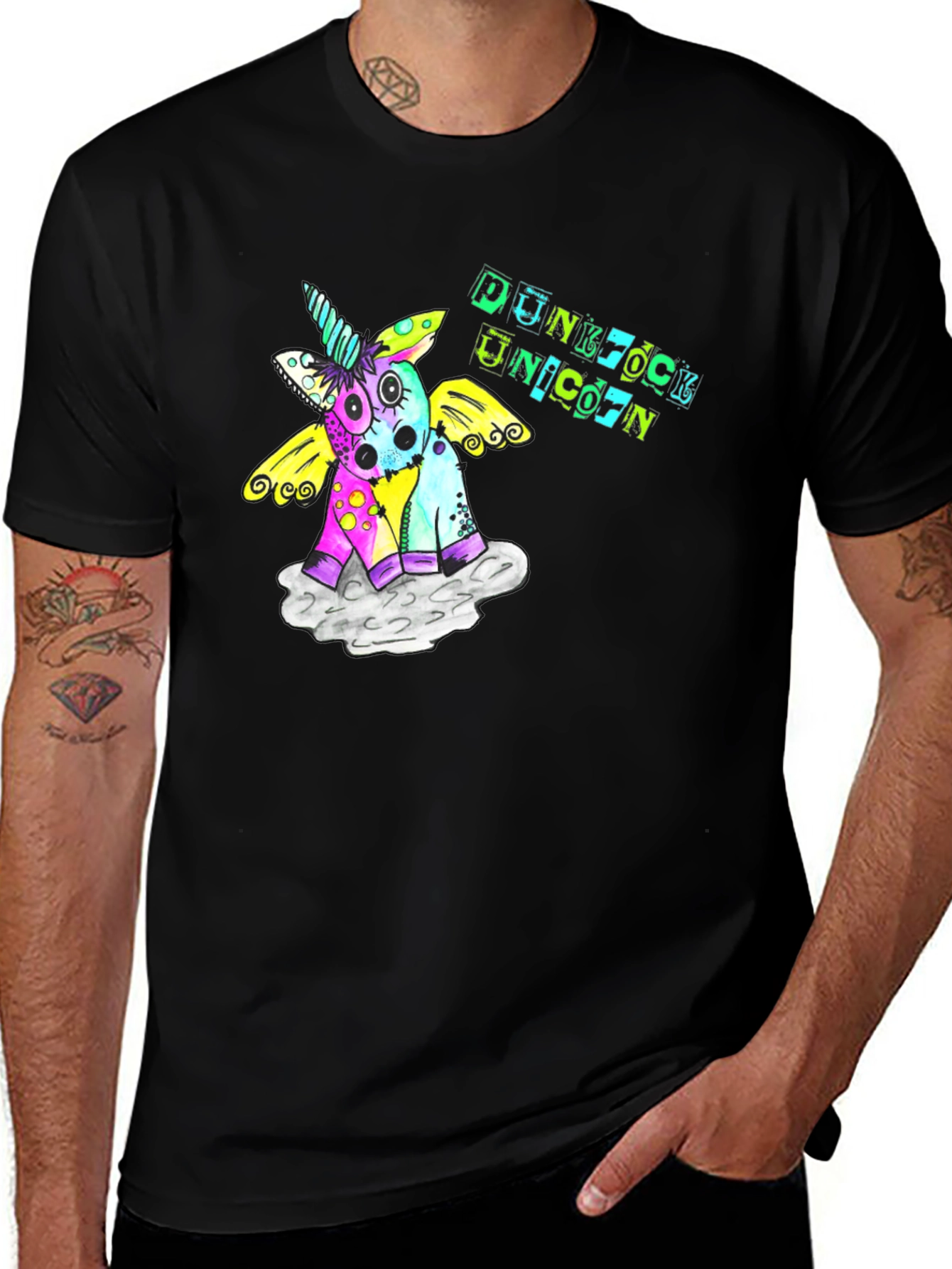 Punk Rock Unicorn Graphic Black T-Shirt