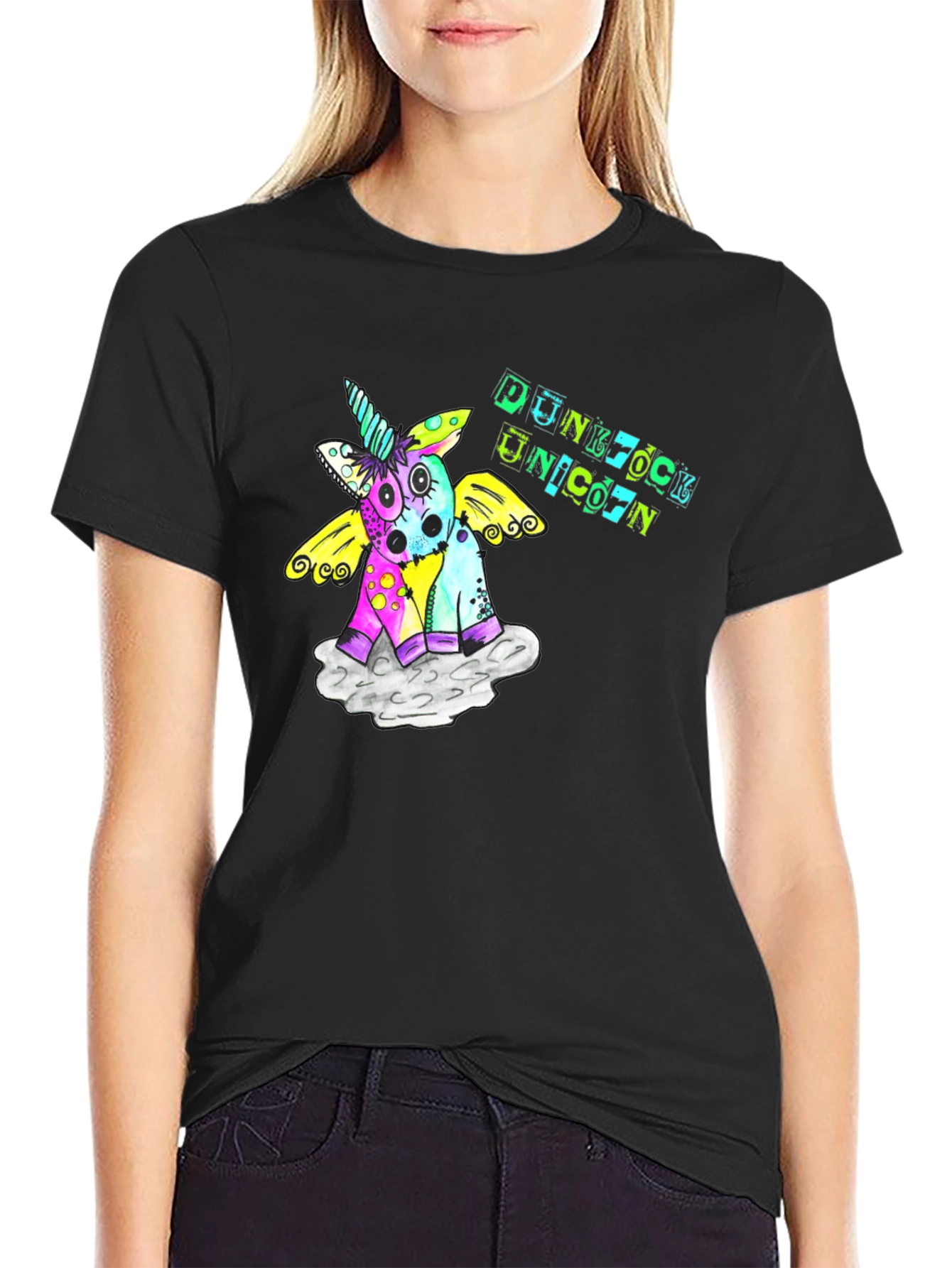 Punk Rock Unicorn Graphic Black T-Shirt