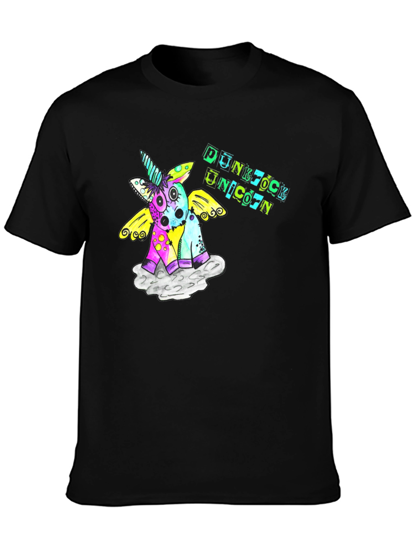 Punk Rock Unicorn Graphic Black T-Shirt