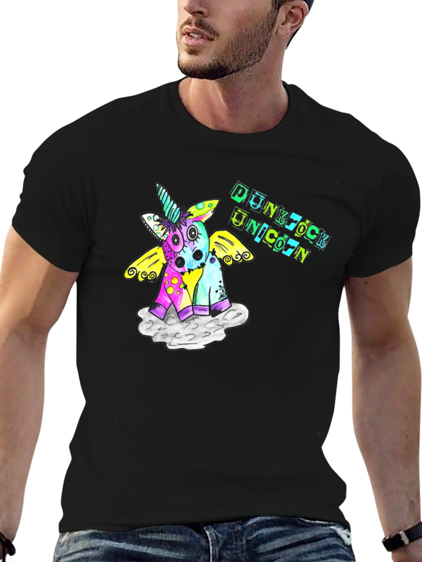 Punk Rock Unicorn Graphic Black T-Shirt