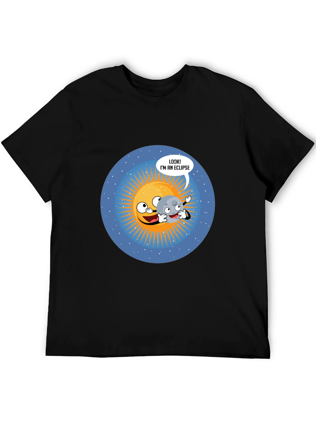 Funny Eclipse Cartoon Graphic Black T-Shirt