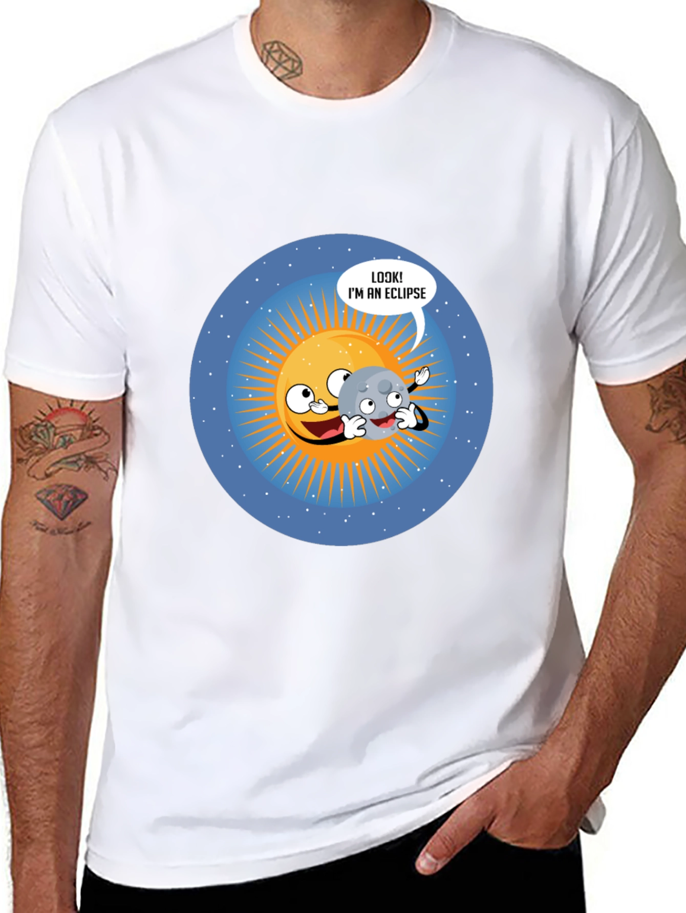Funny Eclipse Cartoon Graphic Black T-Shirt