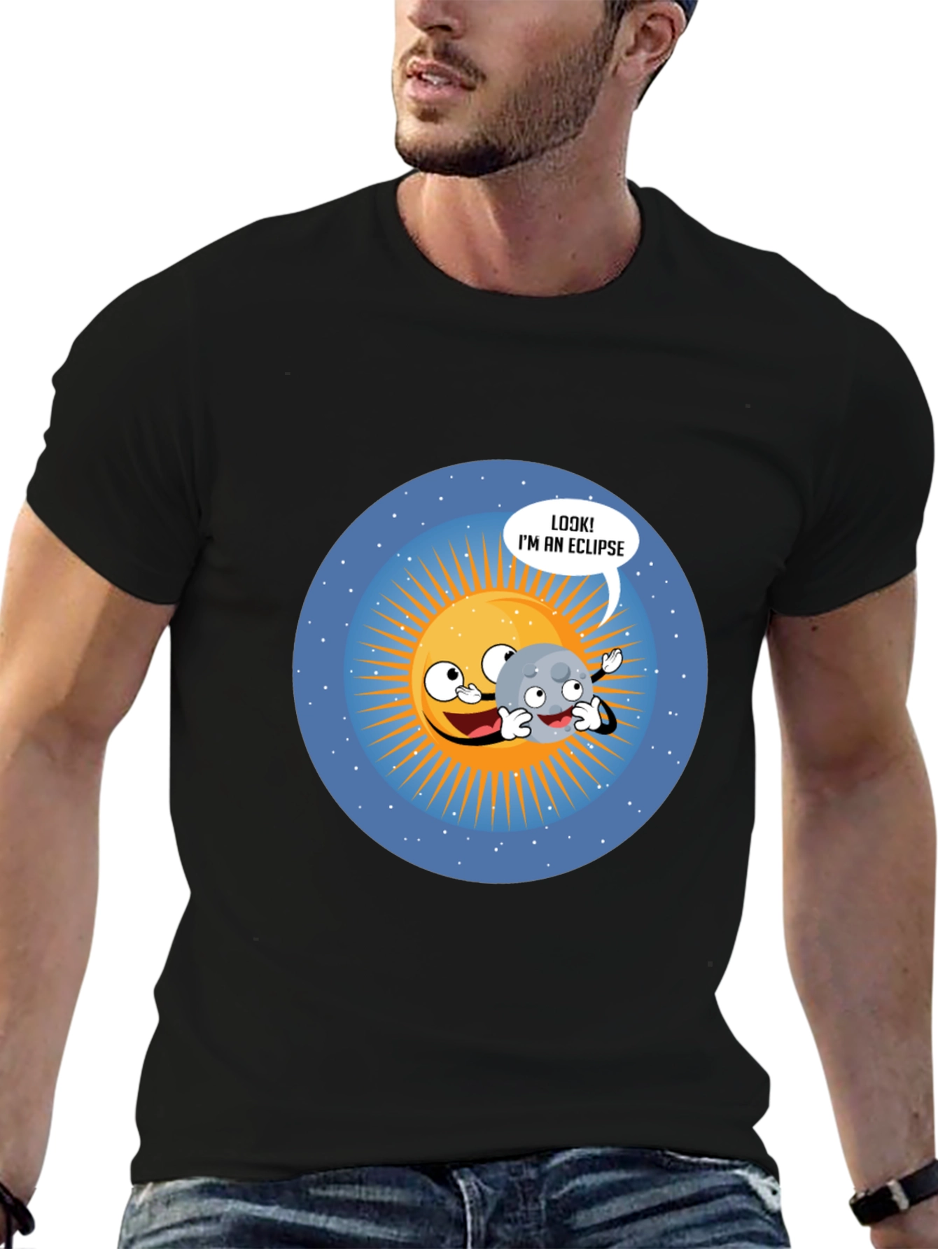 Funny Eclipse Cartoon Graphic Black T-Shirt