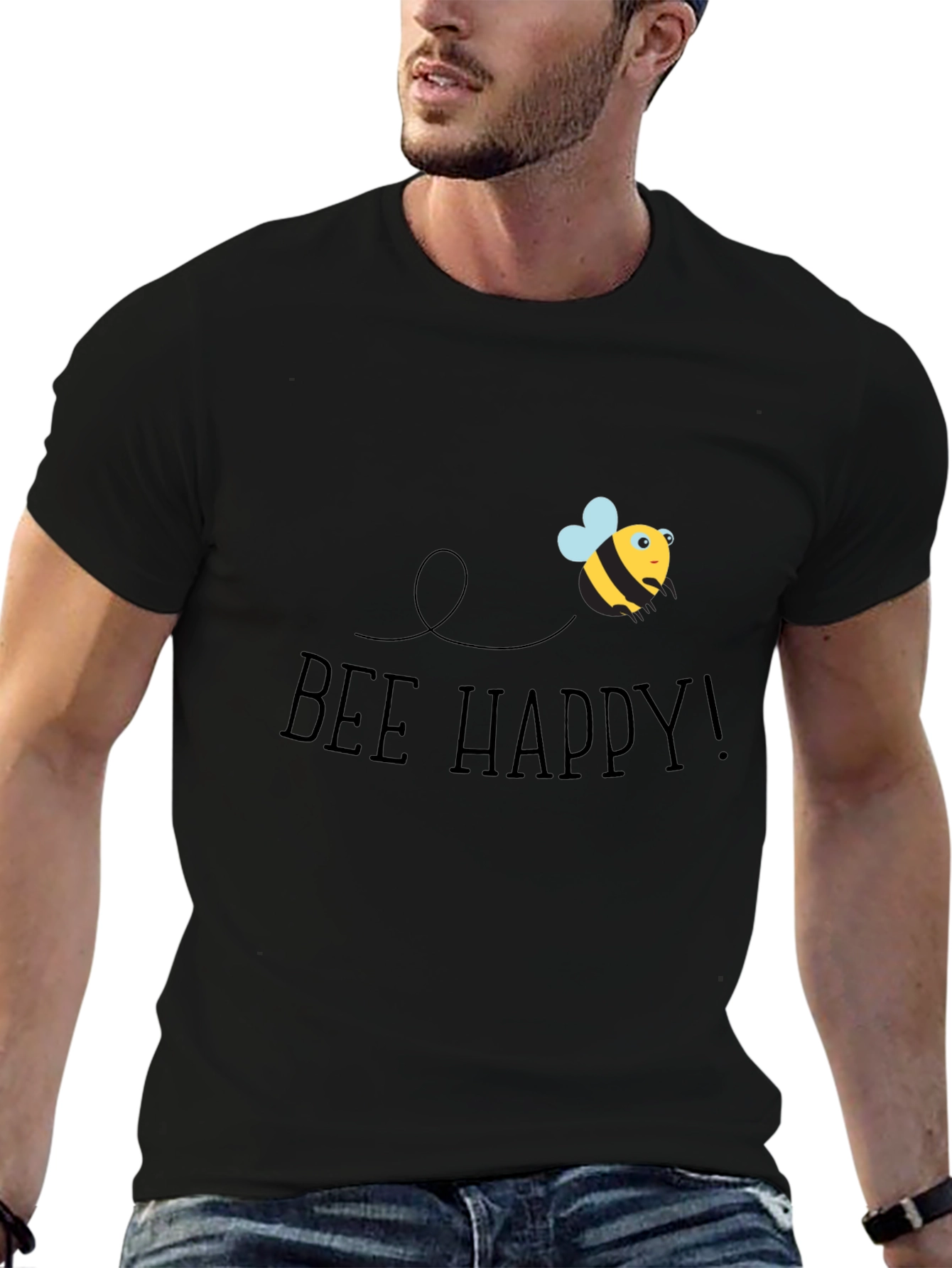 Bee Happy Graphic Tee - Black Cotton T-Shirt
