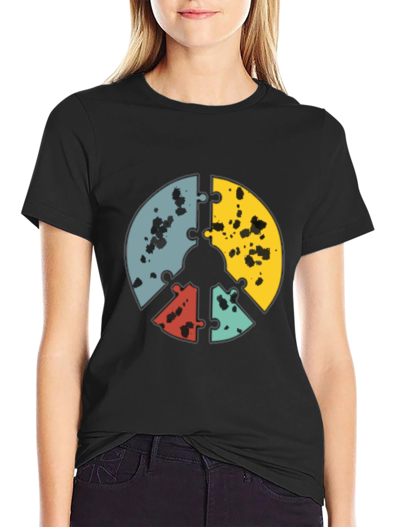 Puzzle Peace Sign Graphic Tee - Black