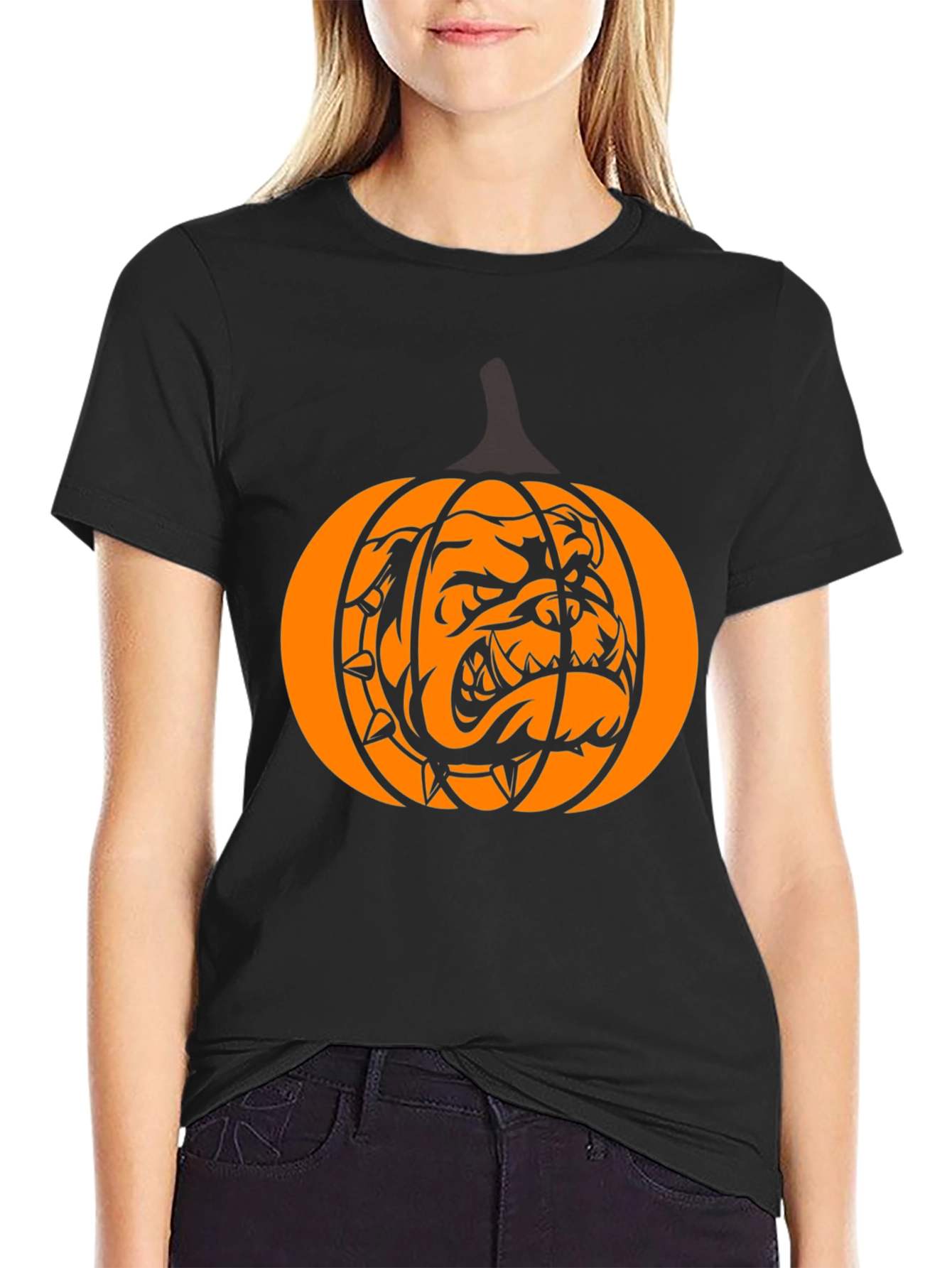 Bulldog Pumpkin Halloween Graphic Tee - Black