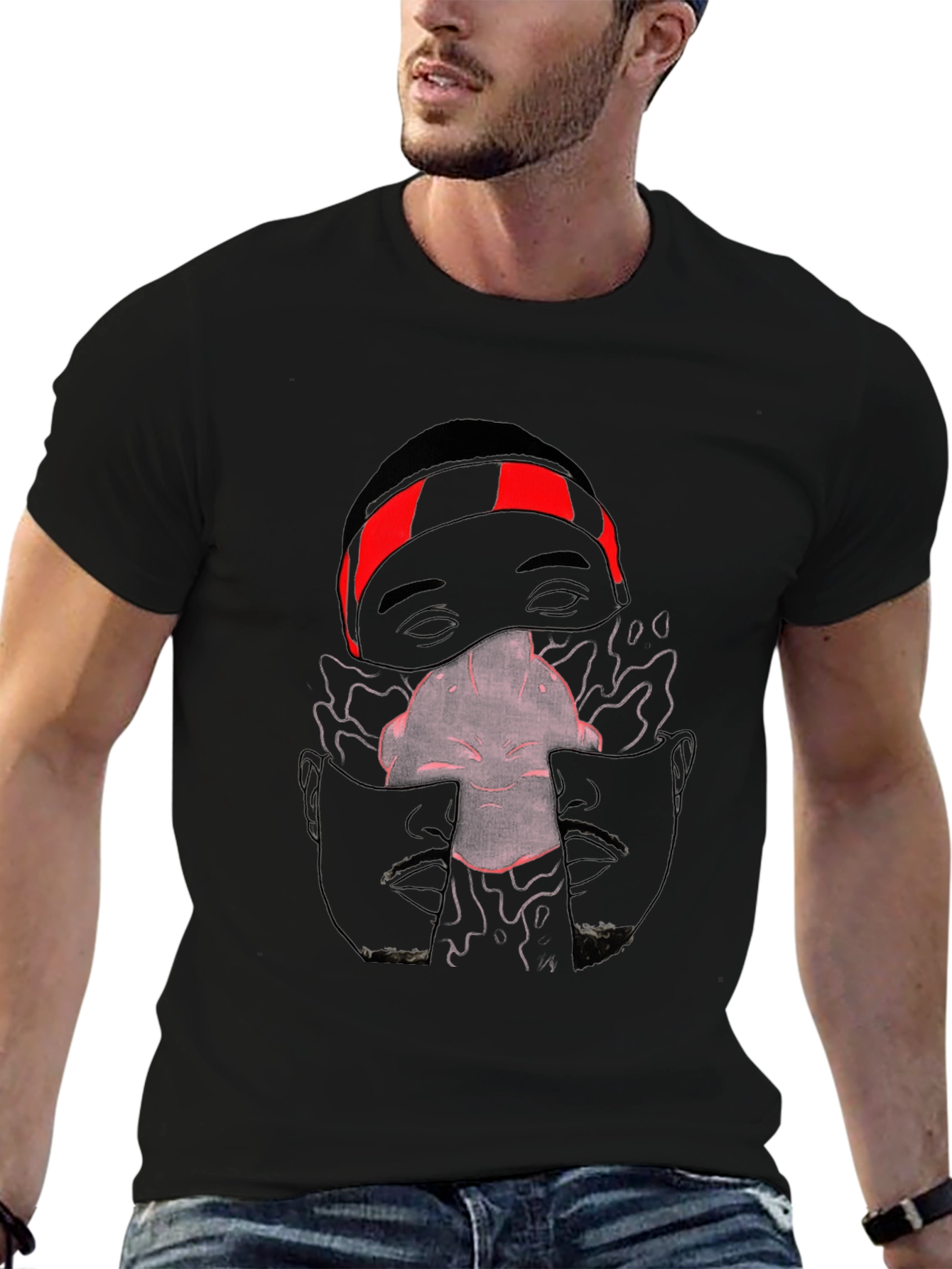 Unique Graphic Print Crew Neck Tee - Black