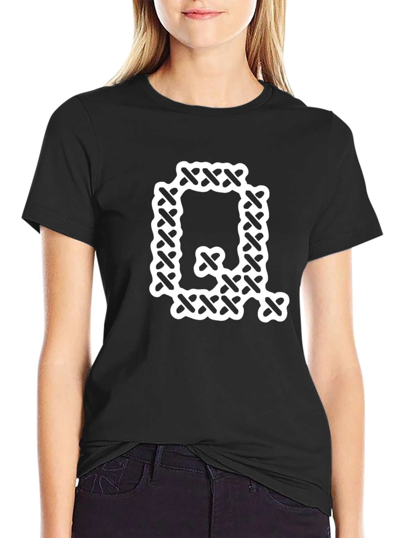 Letter Q Cross Stitch Graphic Tee - Black