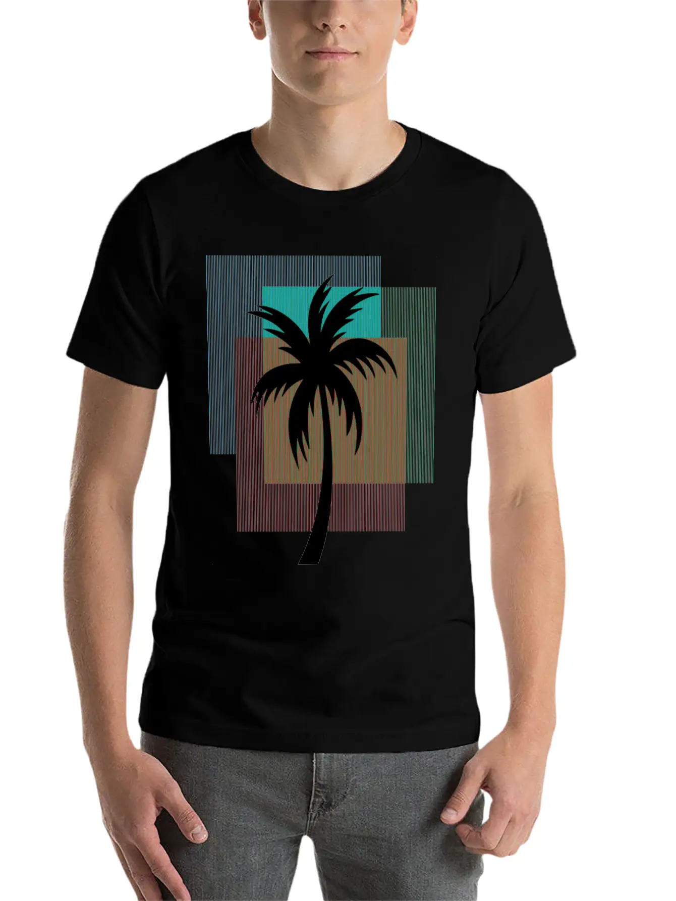Palm Tree In Colorful Geometric Shapes Unisex Casual T-Shirt – Clean Design For Daily Comfort