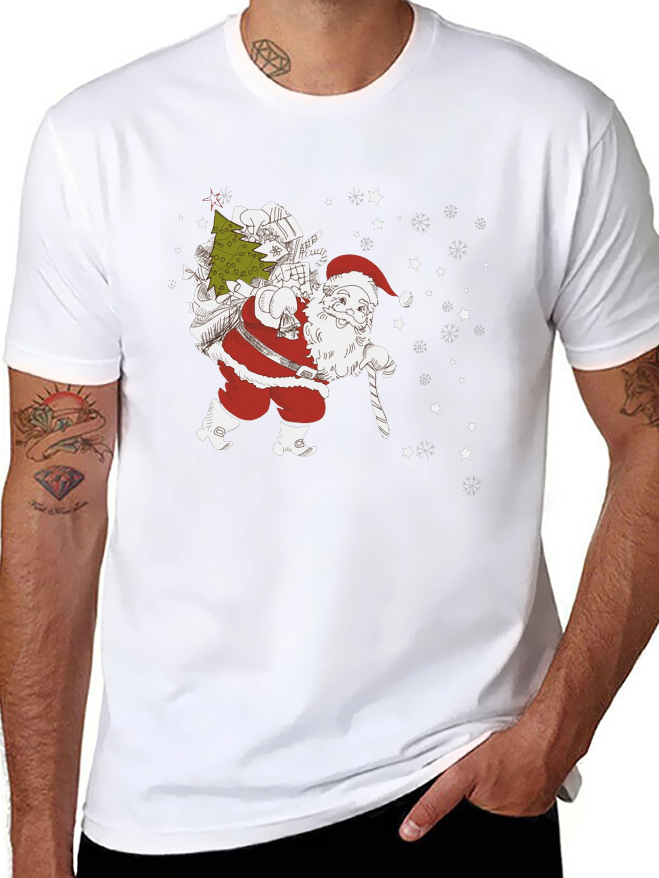 Santa with Christmas Tree Black T-shirt