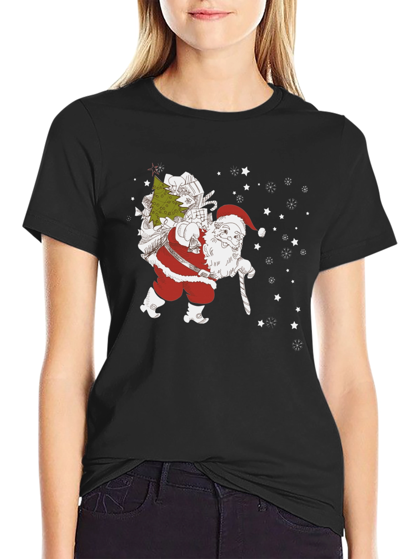 Santa with Christmas Tree Black T-shirt