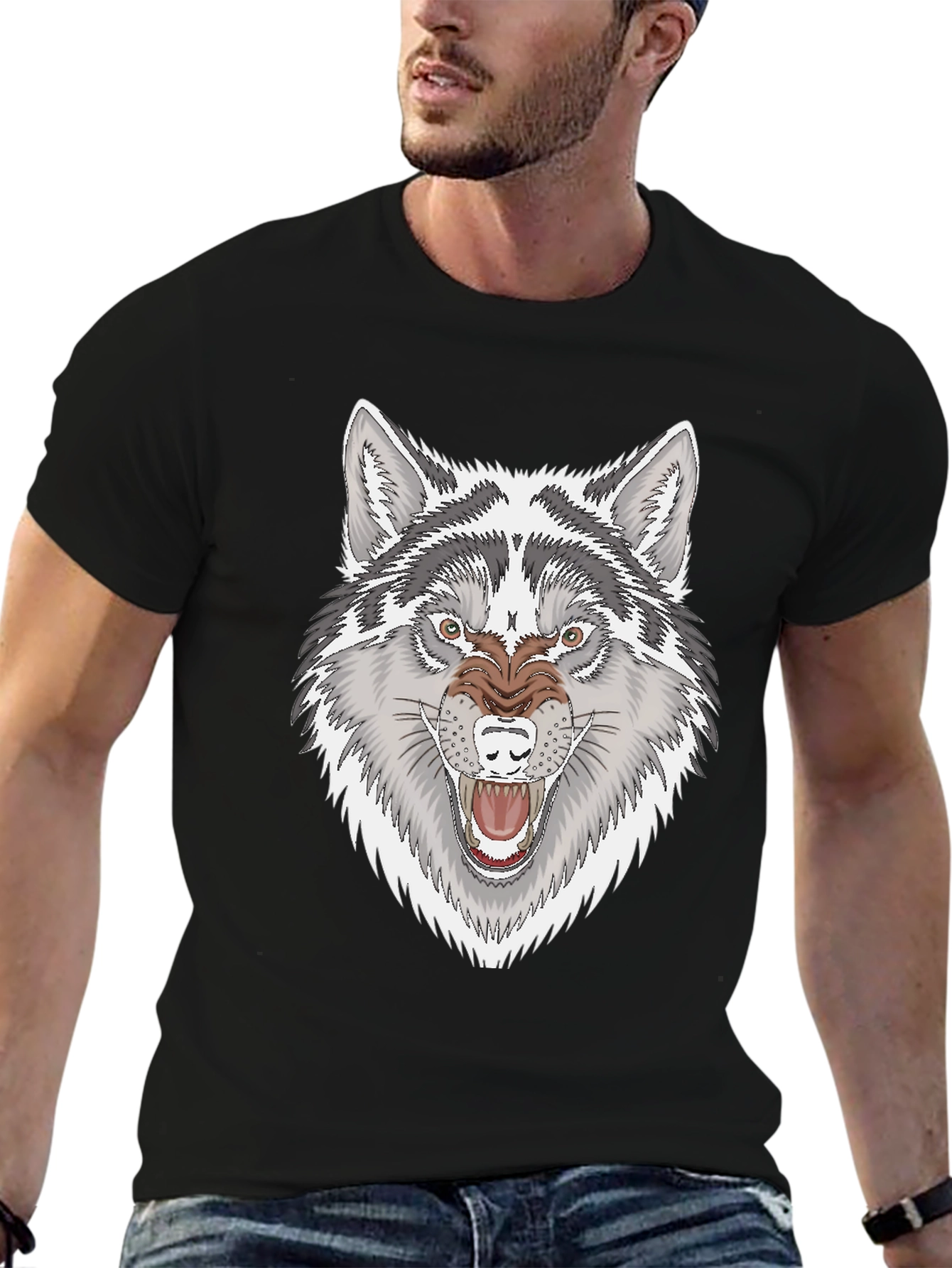 Mens Black T-Shirt with Fierce Wolf Graphic