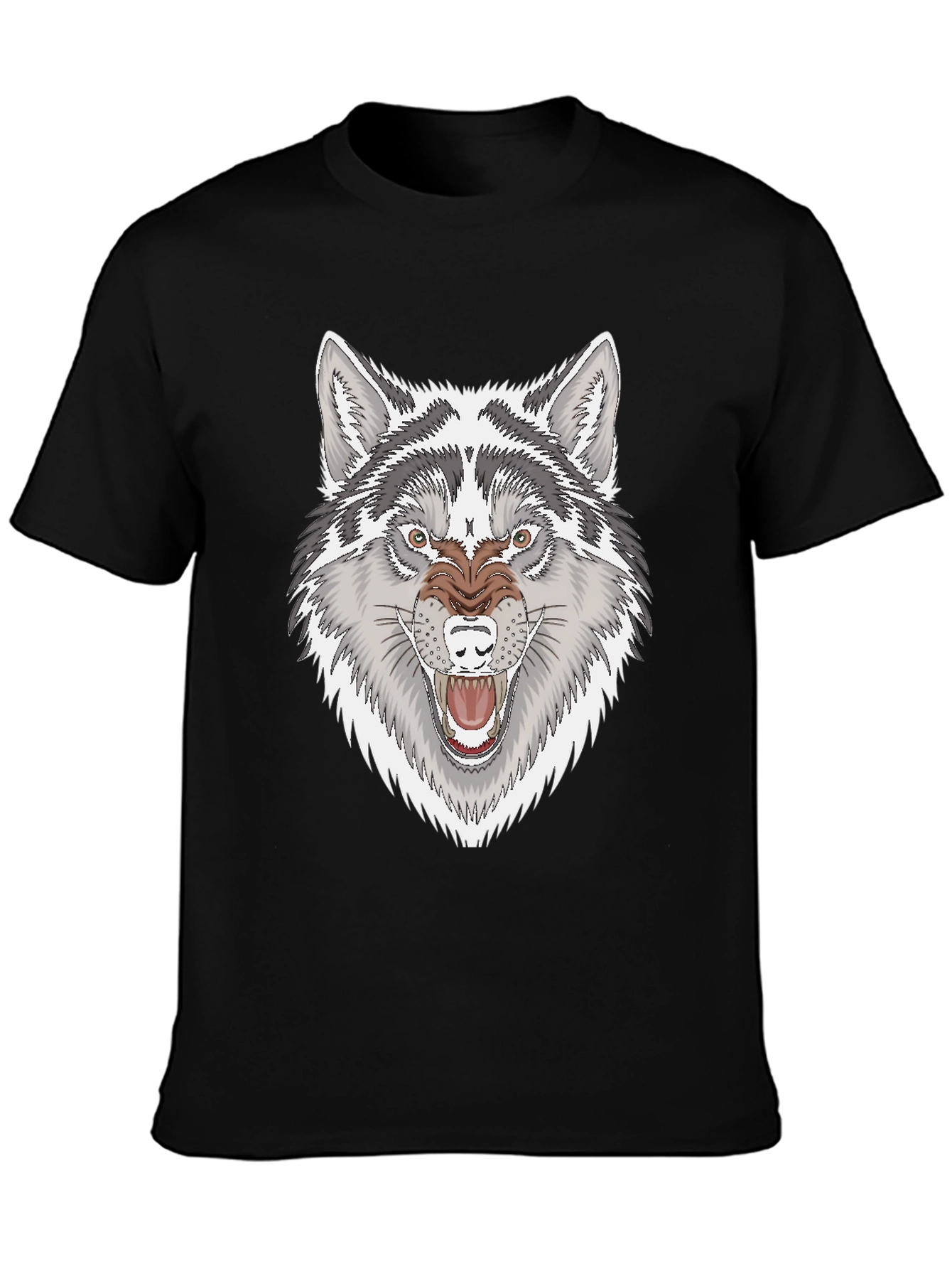 Mens Black T-Shirt with Fierce Wolf Graphic