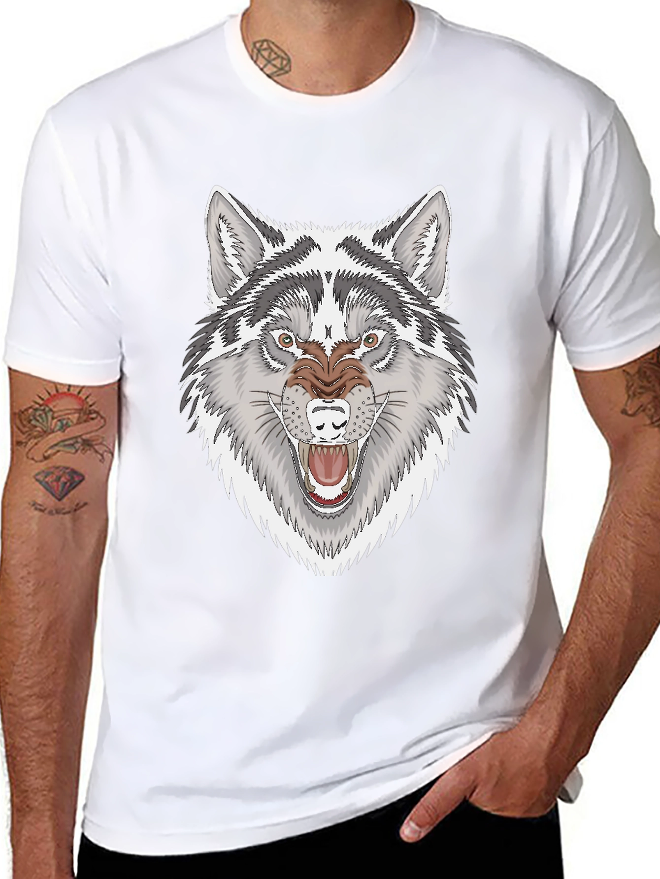 Mens Black T-Shirt with Fierce Wolf Graphic