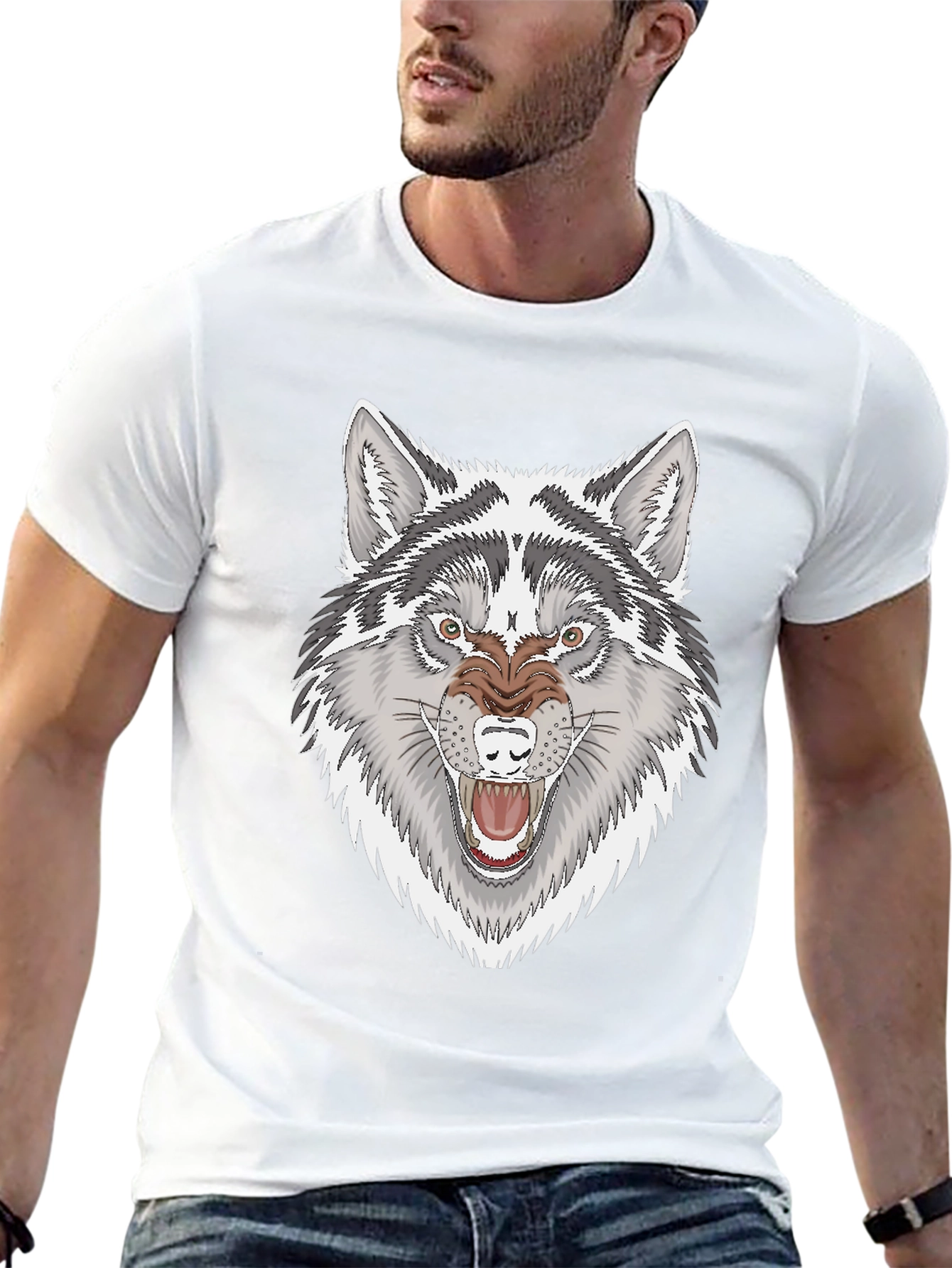 Mens Black T-Shirt with Fierce Wolf Graphic