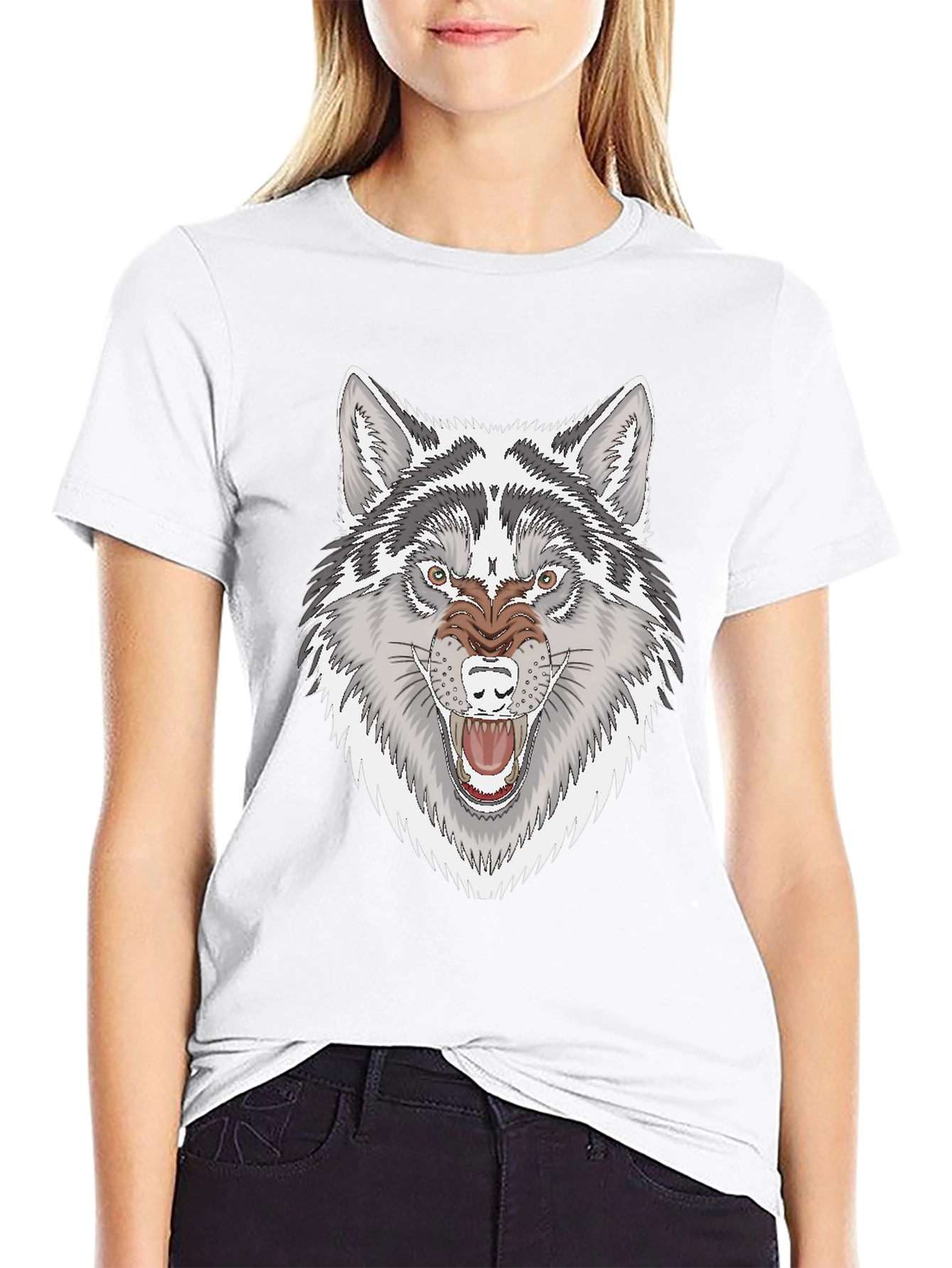 Mens Black T-Shirt with Fierce Wolf Graphic