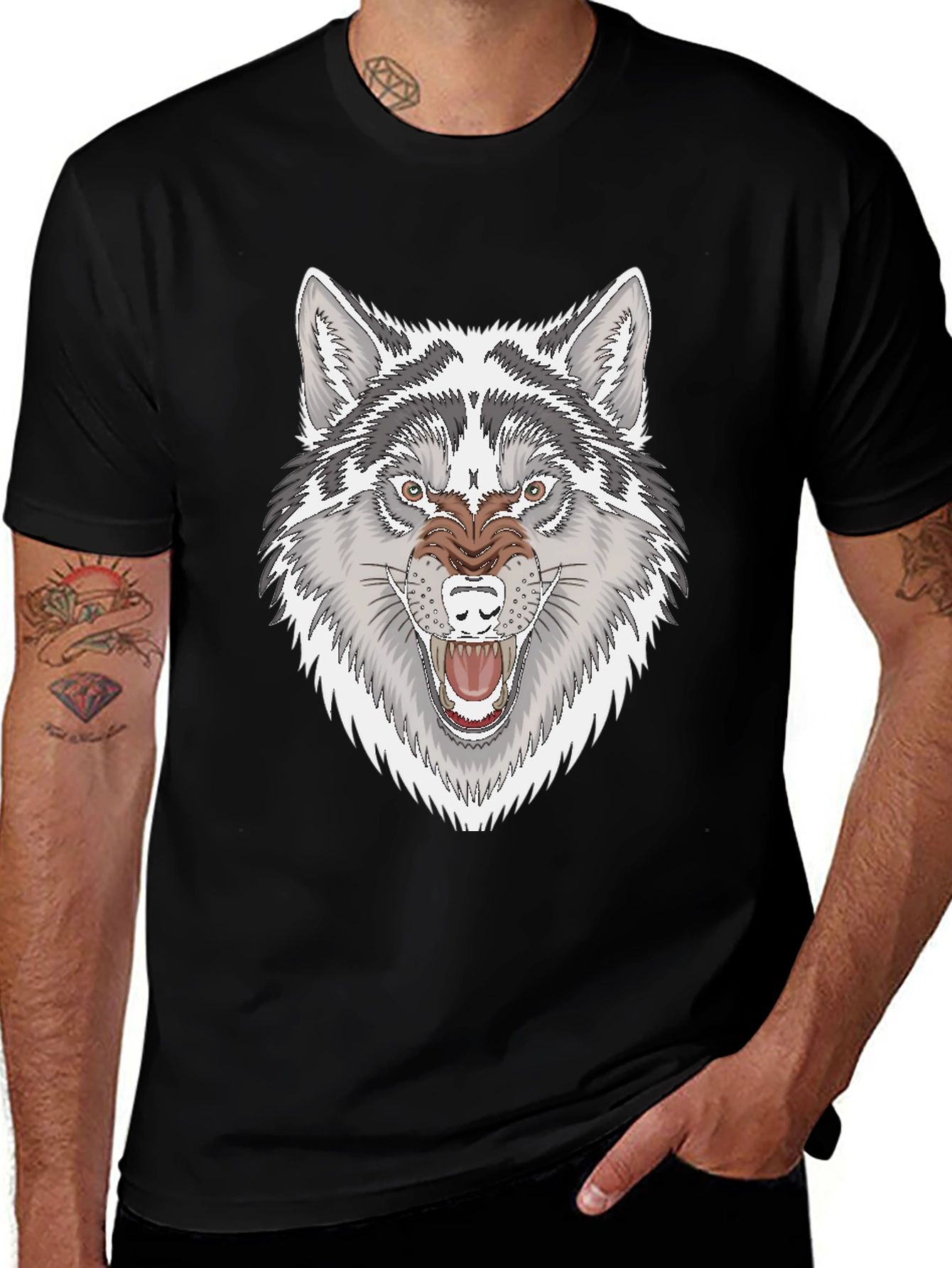 Mens Black T-Shirt with Fierce Wolf Graphic