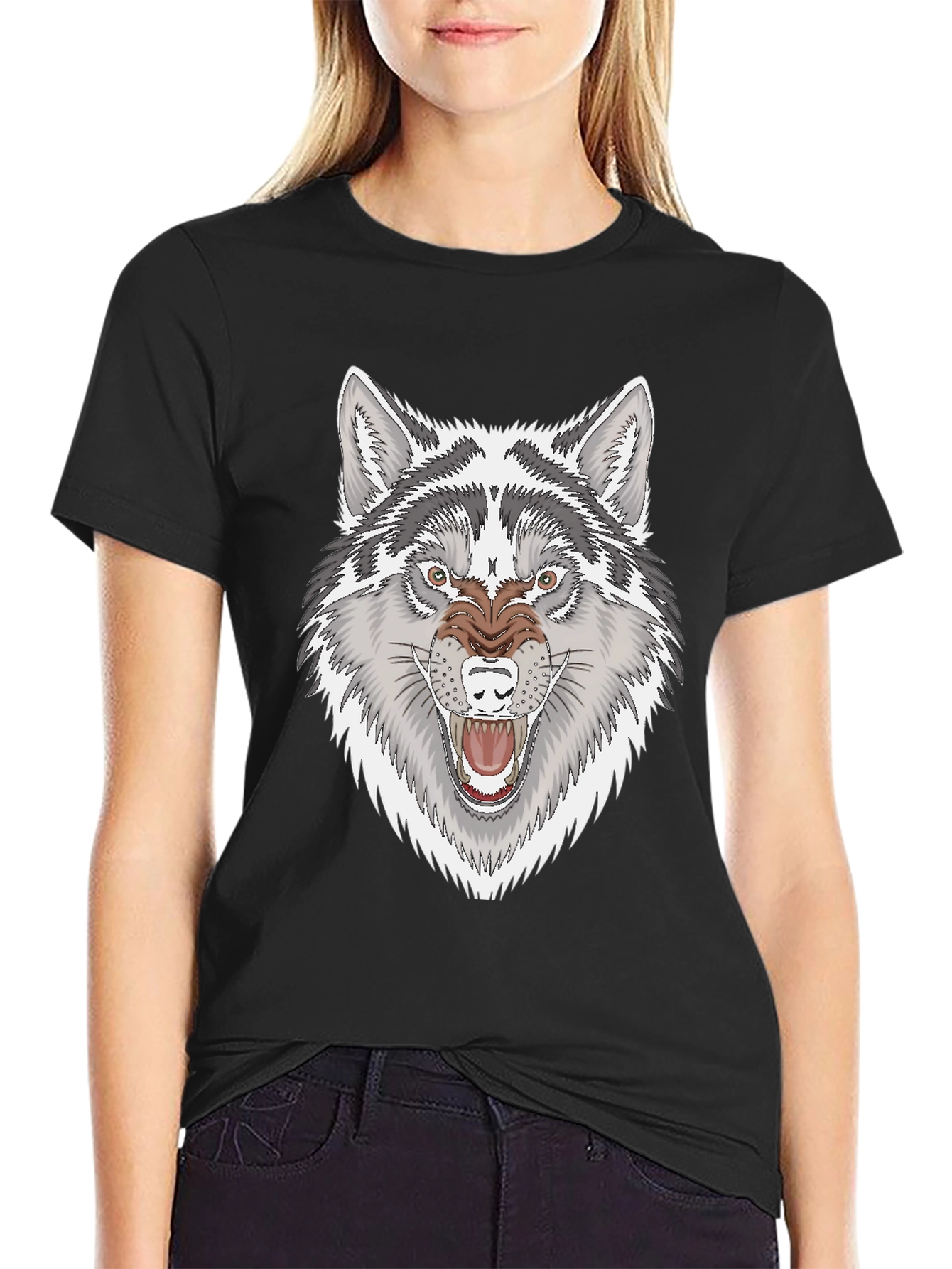 Mens Black T-Shirt with Fierce Wolf Graphic