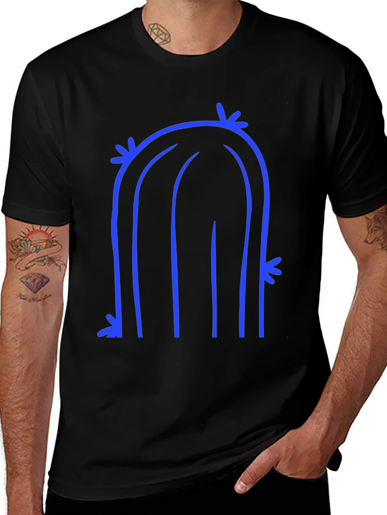 Abstract Cactus Graphic Tee - Black Cotton T-Shirt