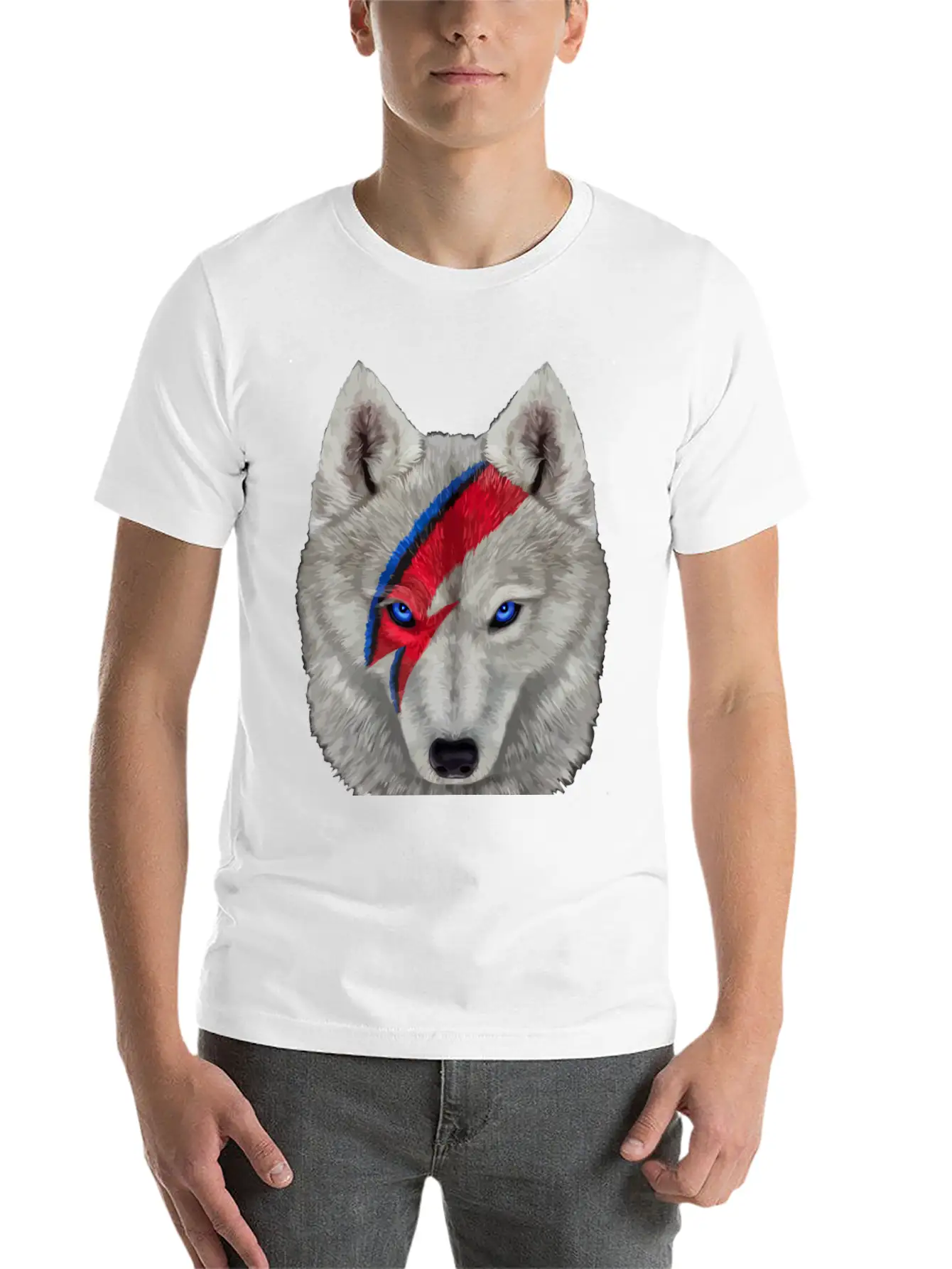 Polar Wolf Face Painted With Red Lightning Bolt Unisex Casual T-Shirt – Clean Design For Daily Comfort