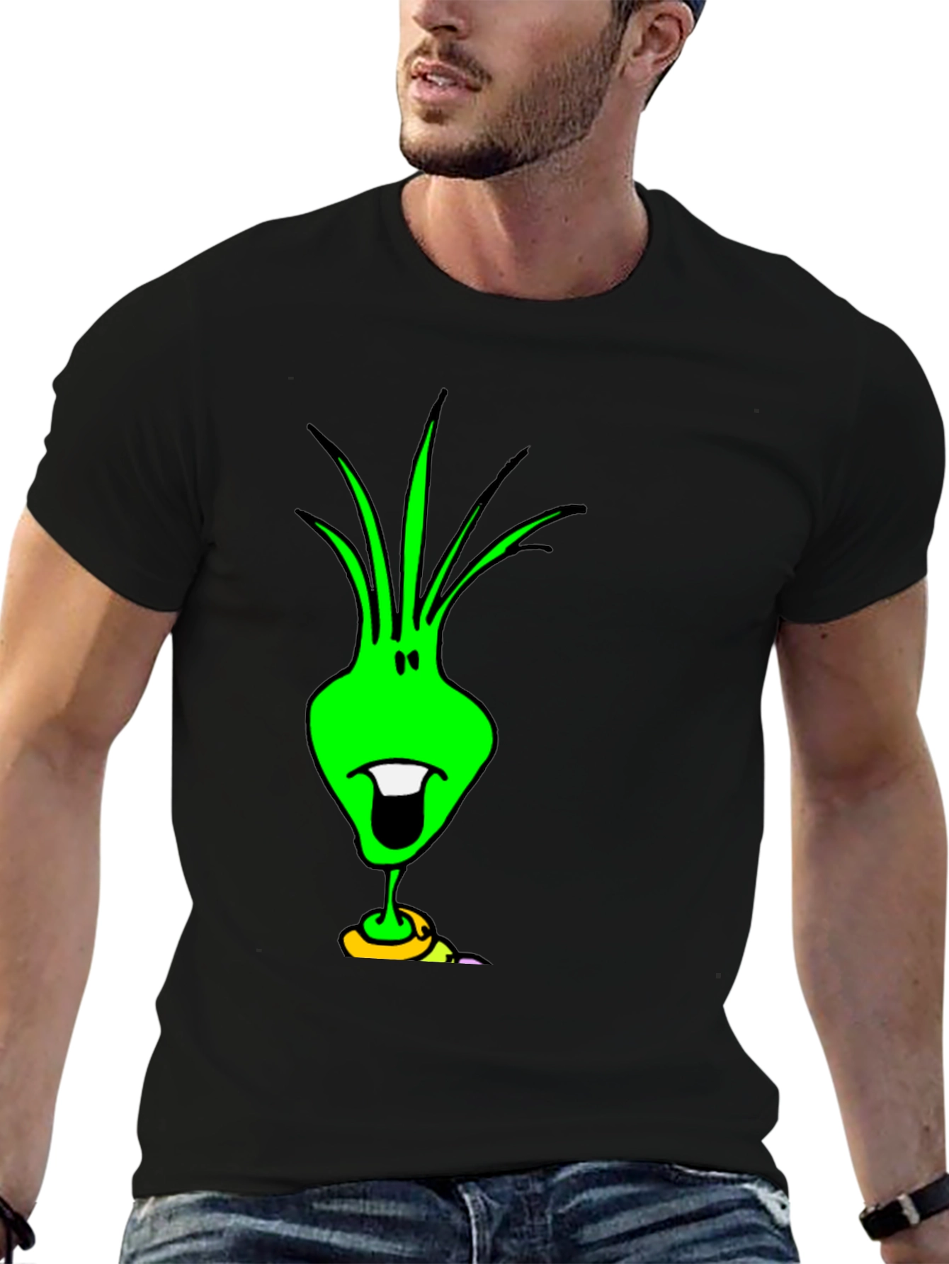 Funky Green Alien Graphic Tee - Black Cotton T-Shirt