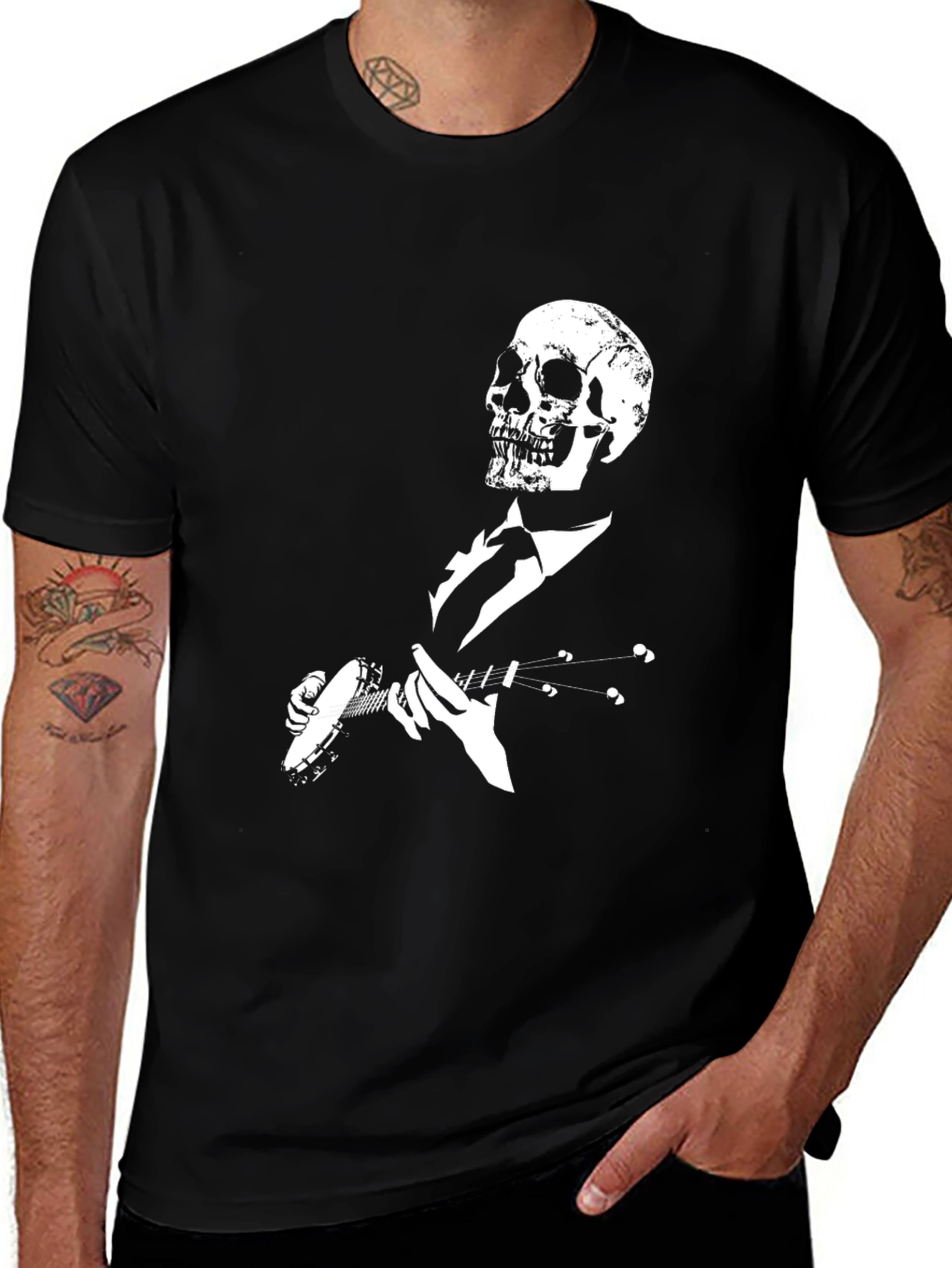 Skull Banjo Player Black Graphic T-Shirt