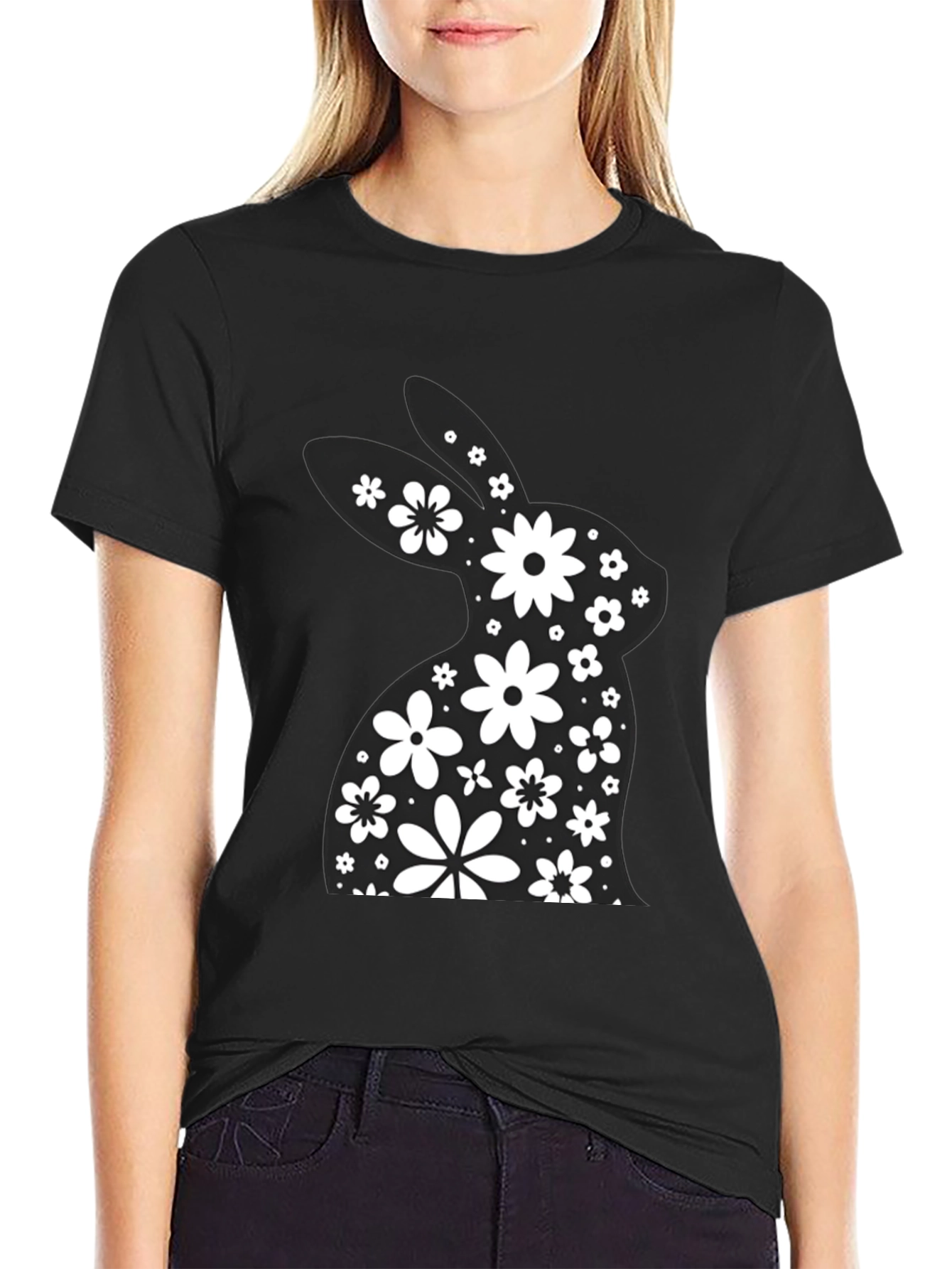 Floral Easter Bunny T-Shirt - Black