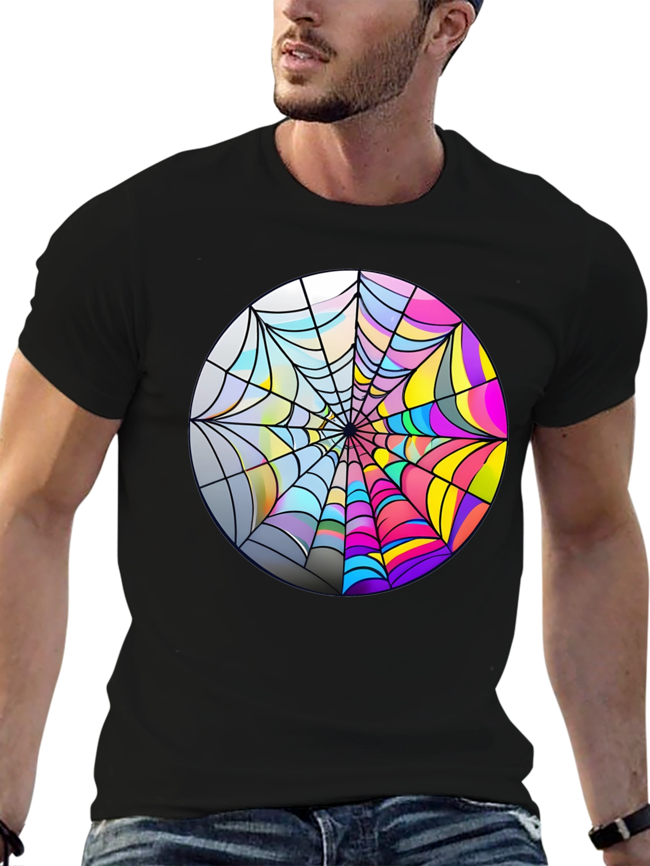 Psychedelic Spiderweb Graphic Tee - Bold Black Cotton T-Shirt