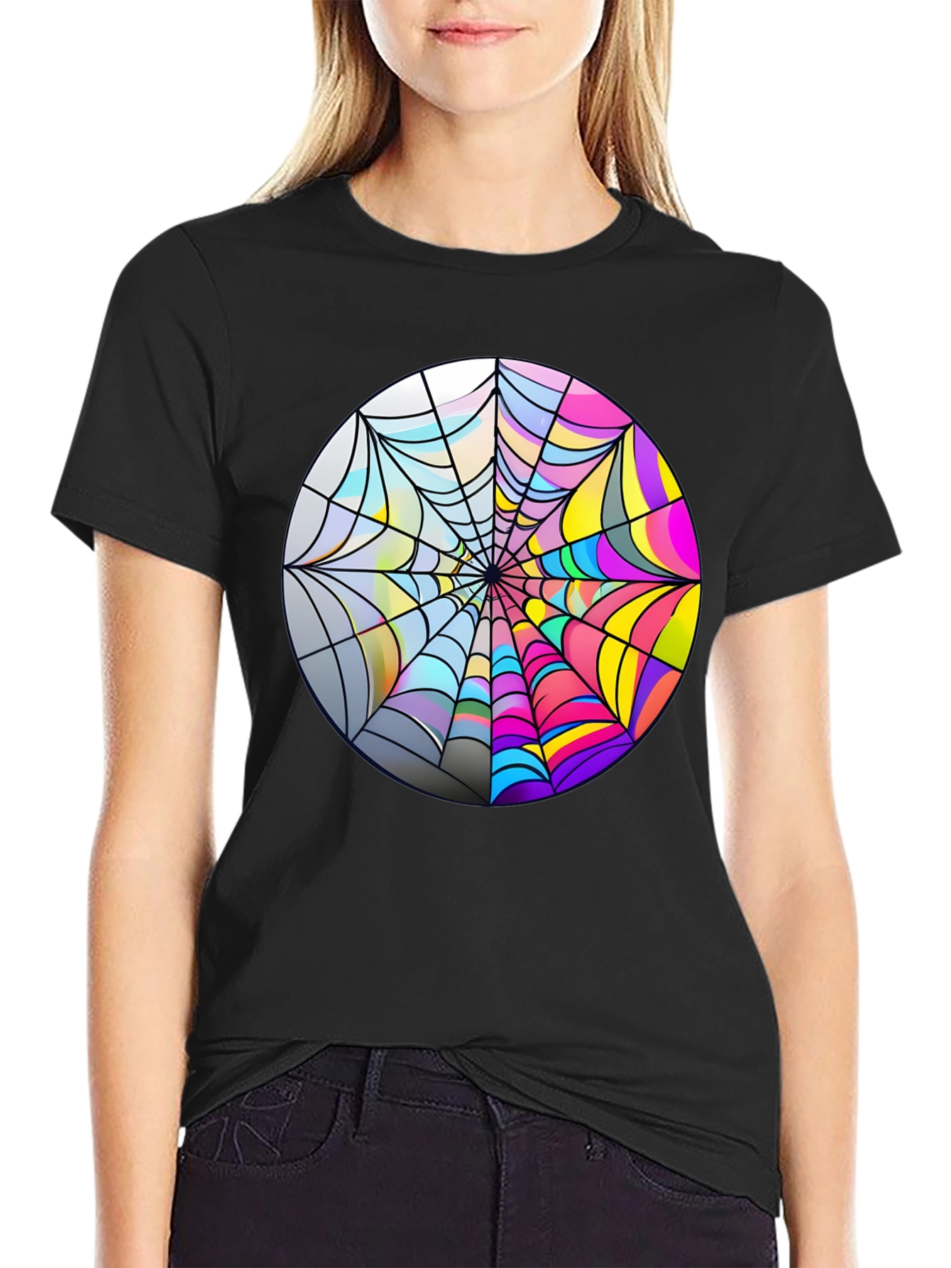 Psychedelic Spiderweb Graphic Tee - Bold Black Cotton T-Shirt