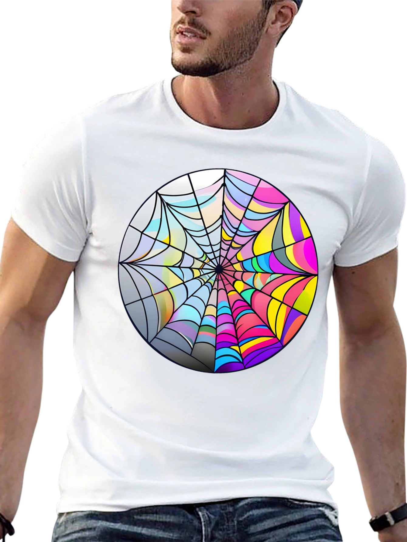 Psychedelic Spiderweb Graphic Tee - Bold Black Cotton T-Shirt