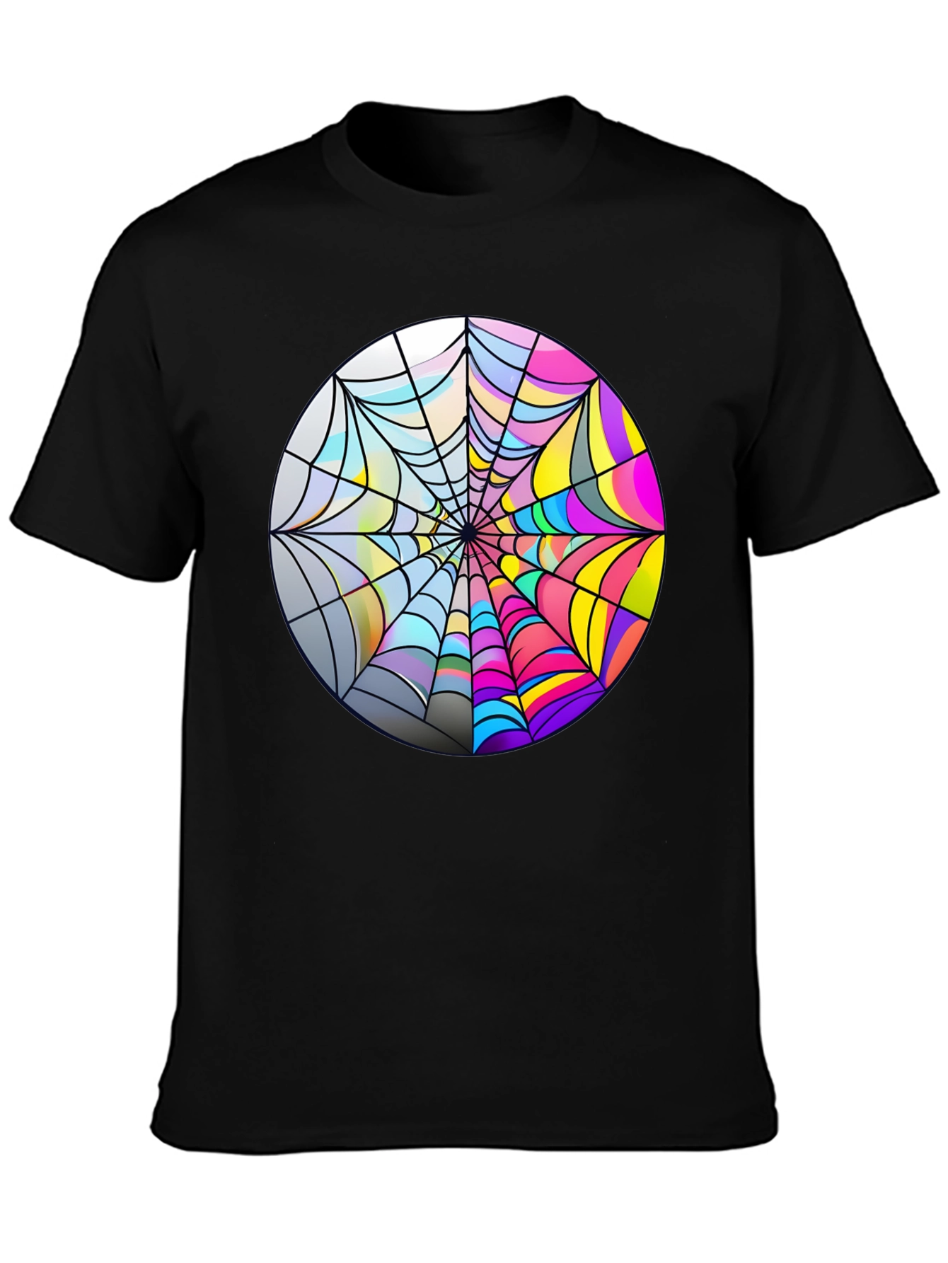 Psychedelic Spiderweb Graphic Tee - Bold Black Cotton T-Shirt