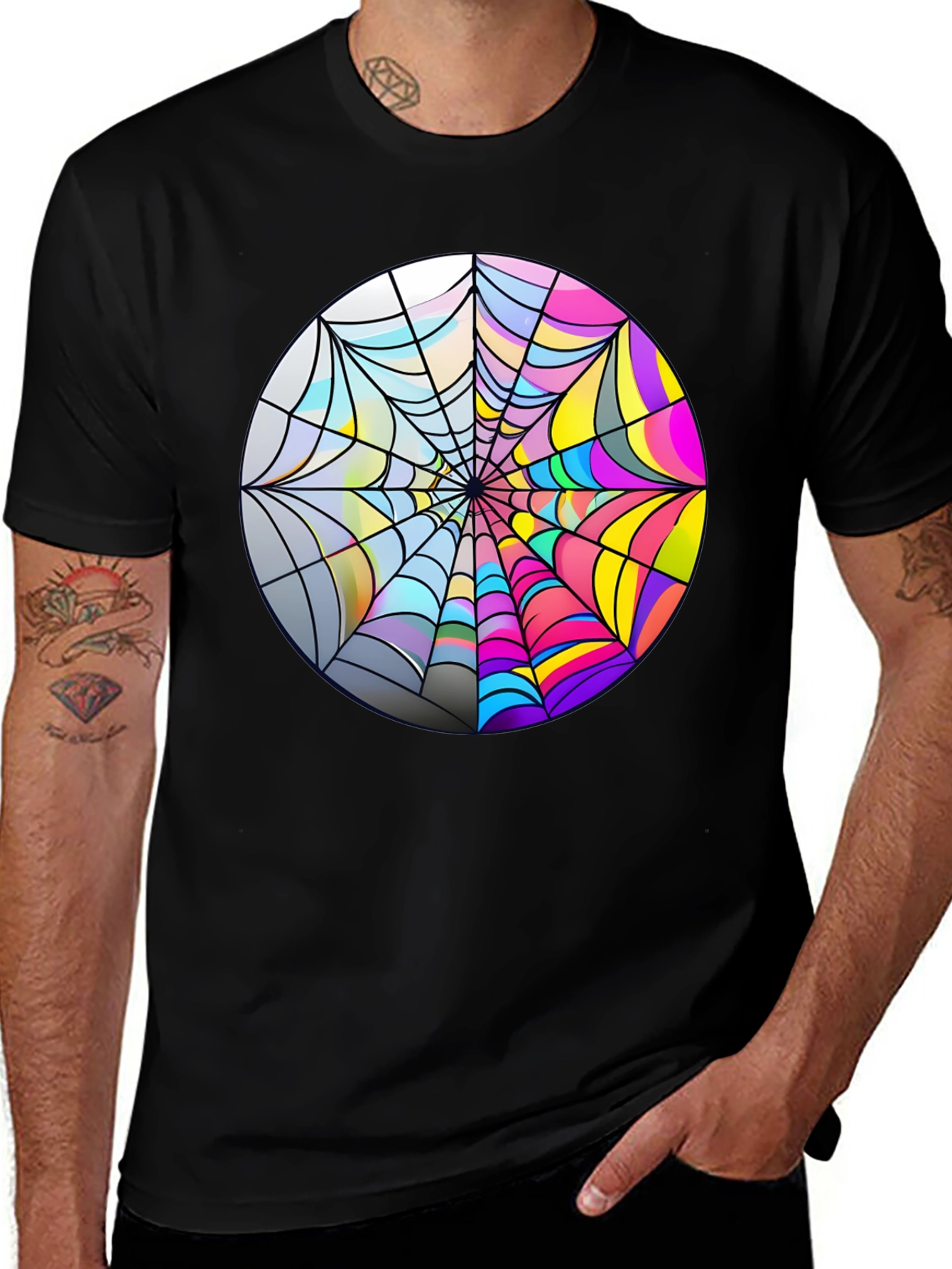 Psychedelic Spiderweb Graphic Tee - Bold Black Cotton T-Shirt