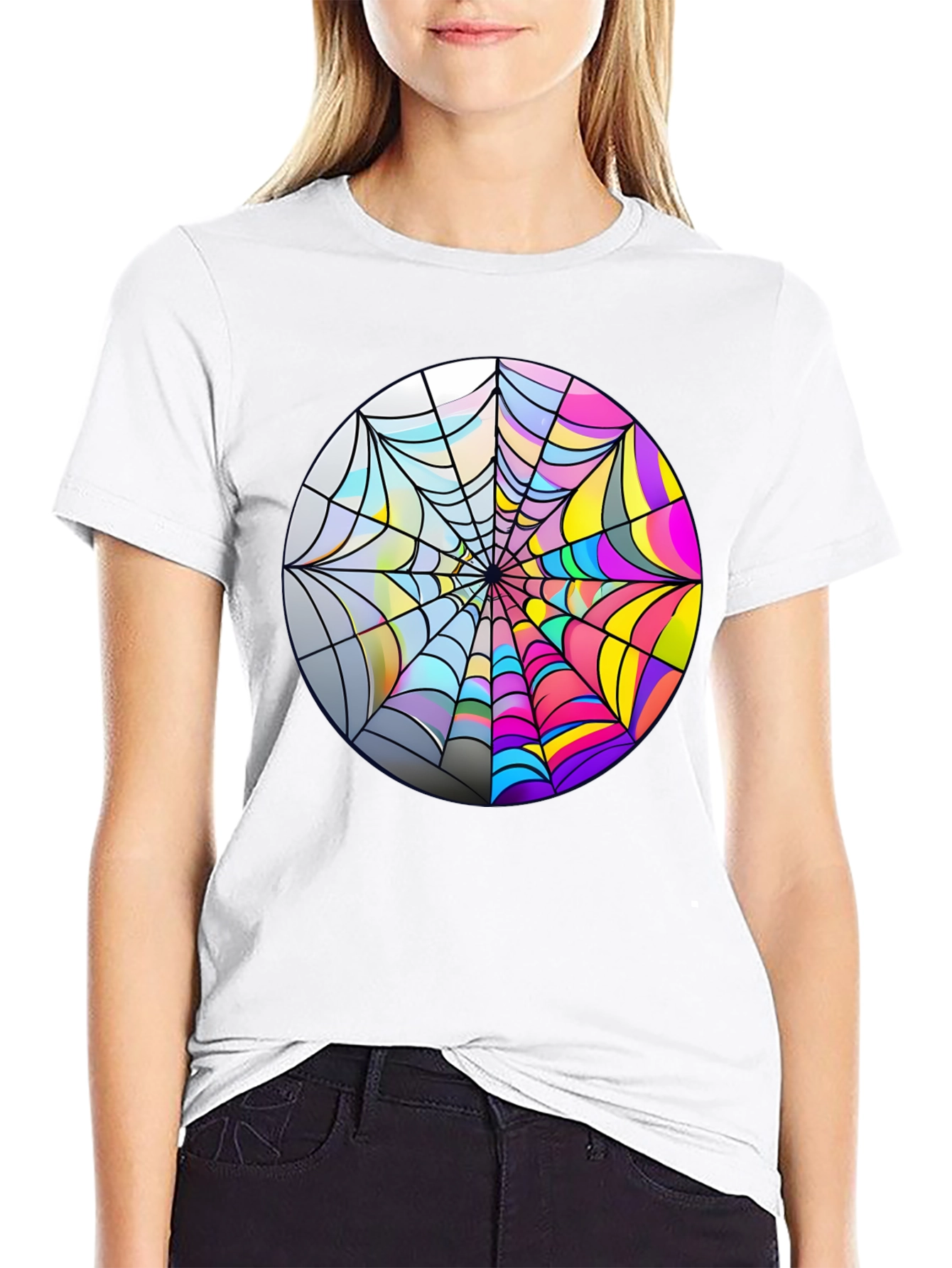 Psychedelic Spiderweb Graphic Tee - Bold Black Cotton T-Shirt