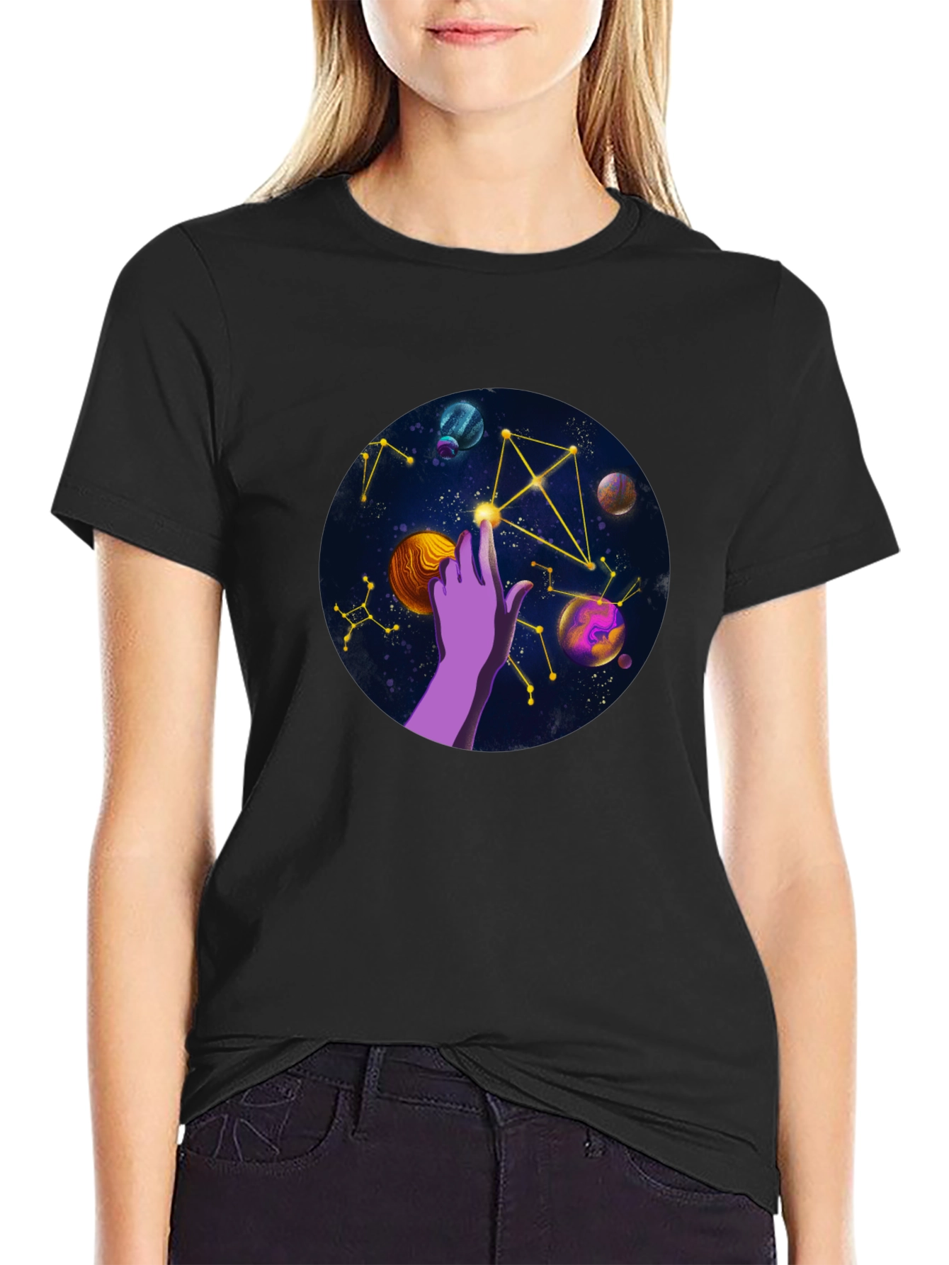Cosmic Touch Graphic Tee - Unisex Black T-Shirt