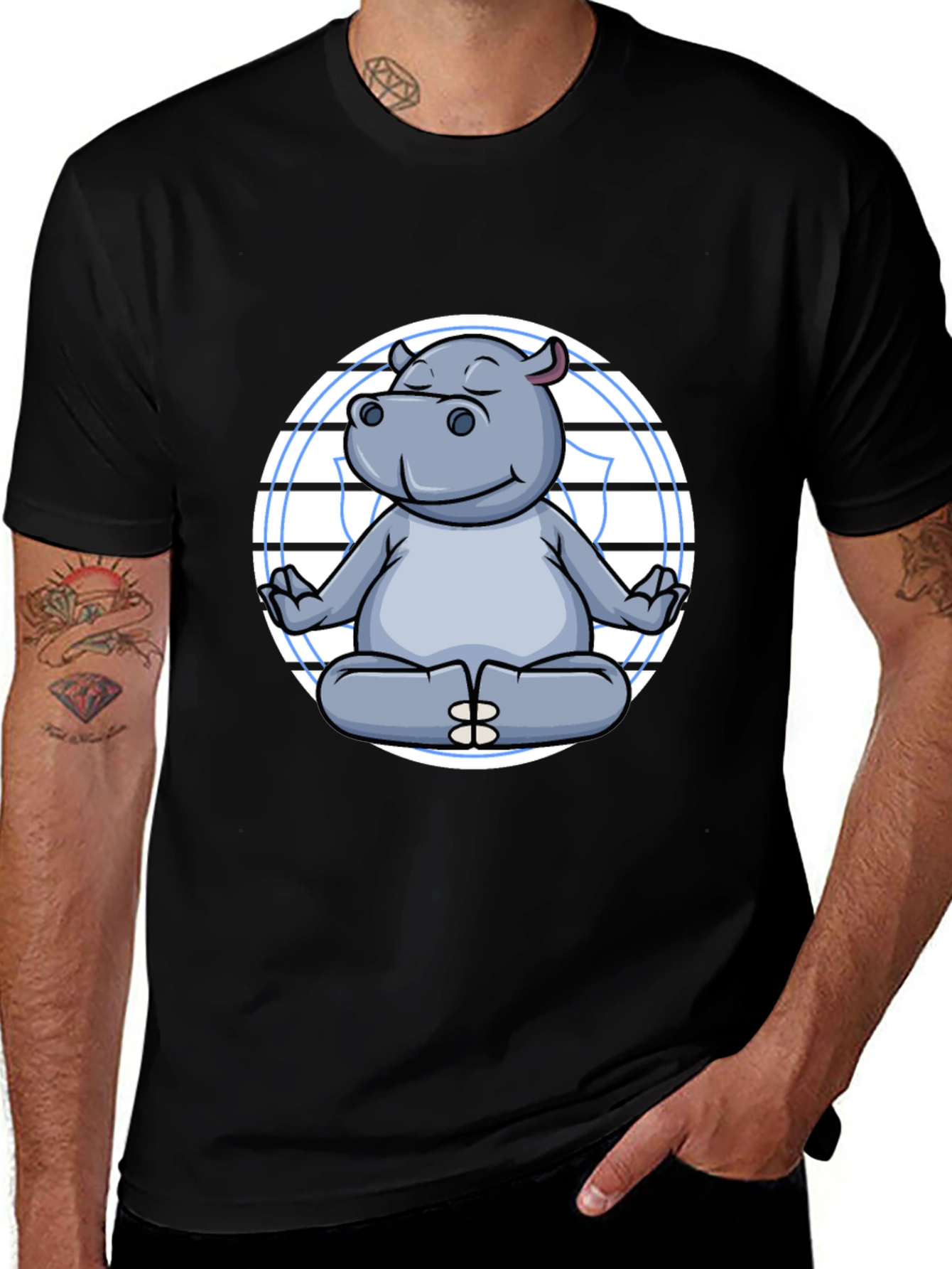 Meditating Hippo Graphic Tee - Black Cotton T-Shirt