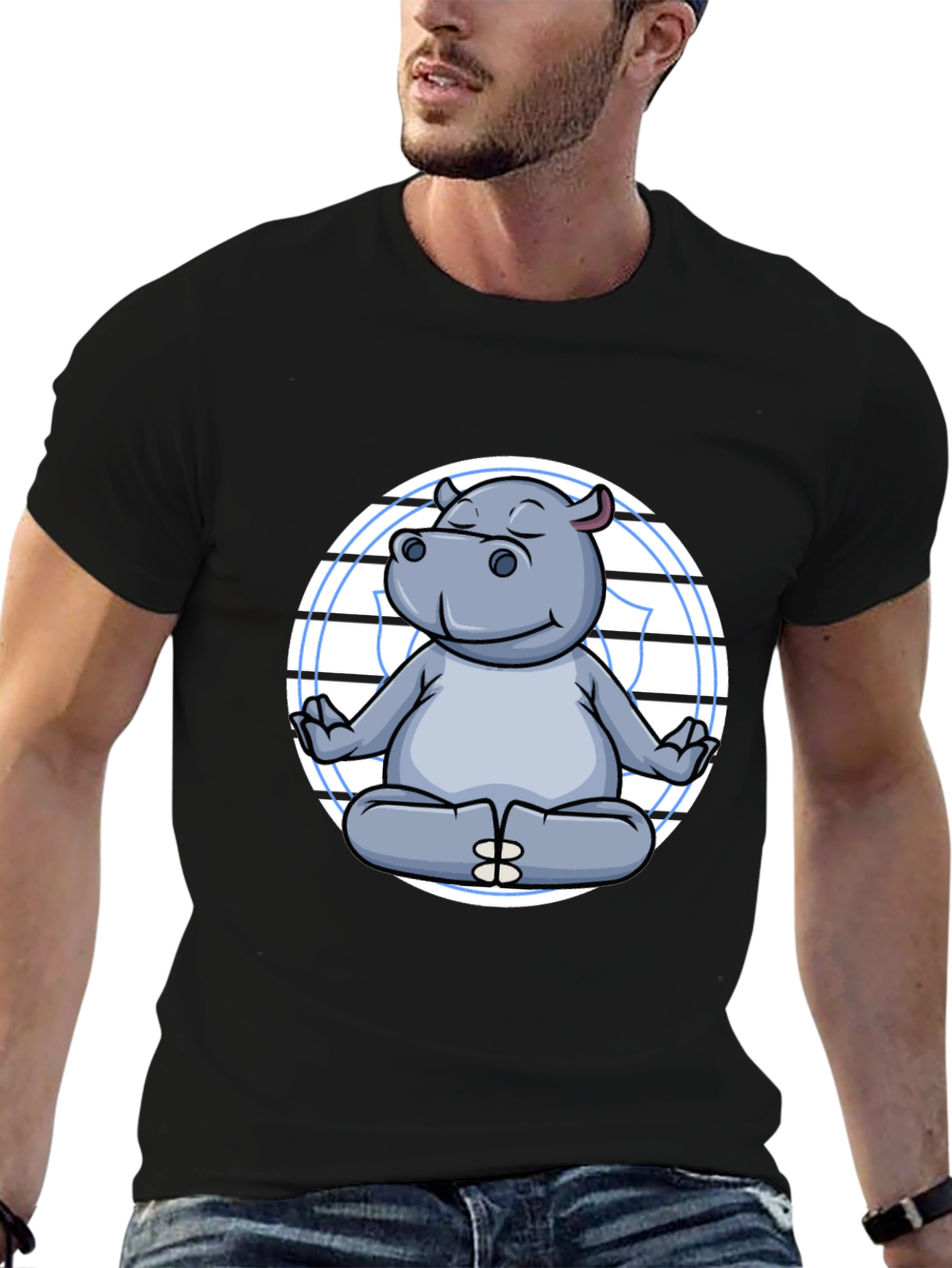Meditating Hippo Graphic Tee - Black Cotton T-Shirt