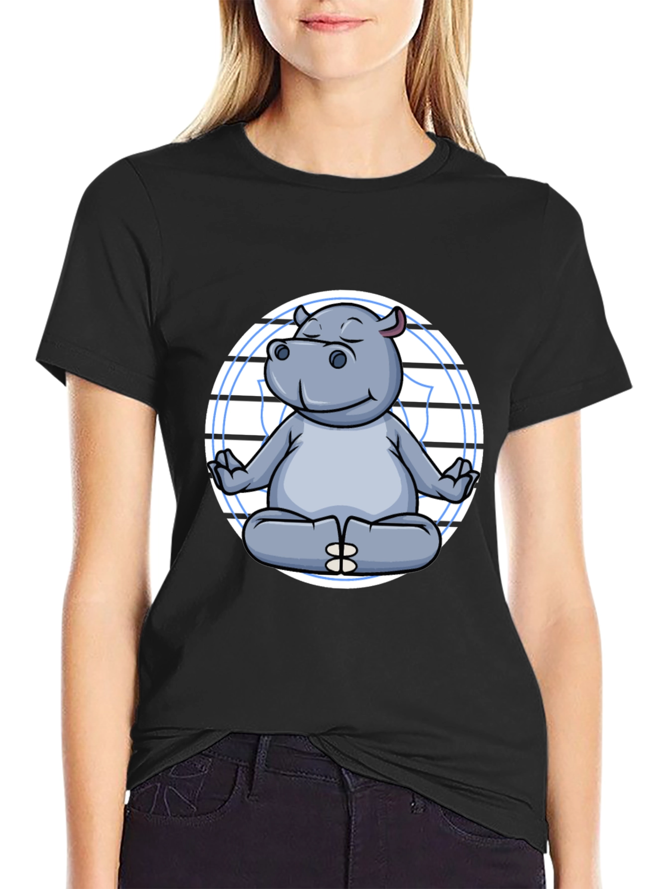 Meditating Hippo Graphic Tee - Black Cotton T-Shirt